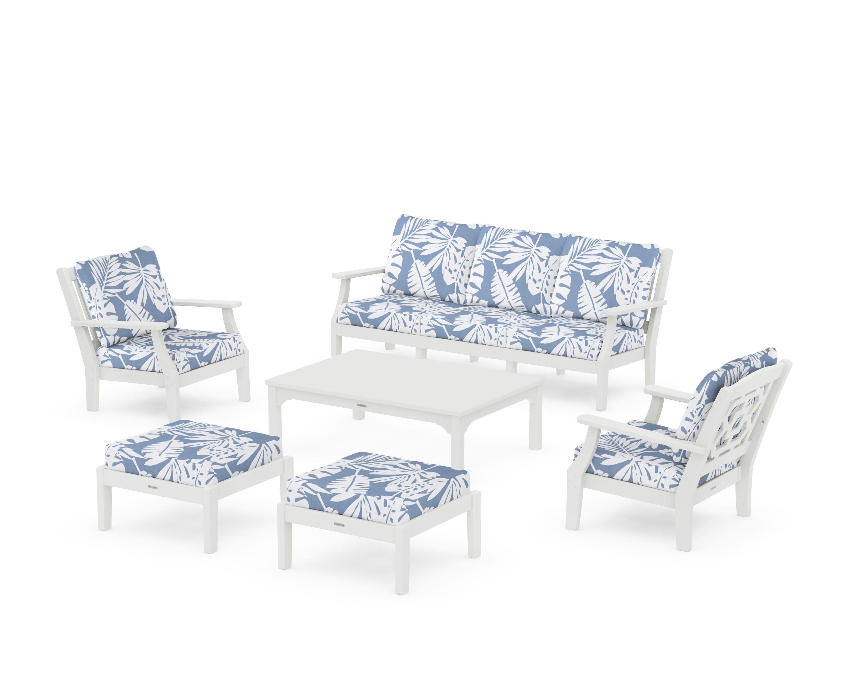 Chinoiserie 6-Piece Lounge Sofa Set in Vintage White / Leaf Sky Blue