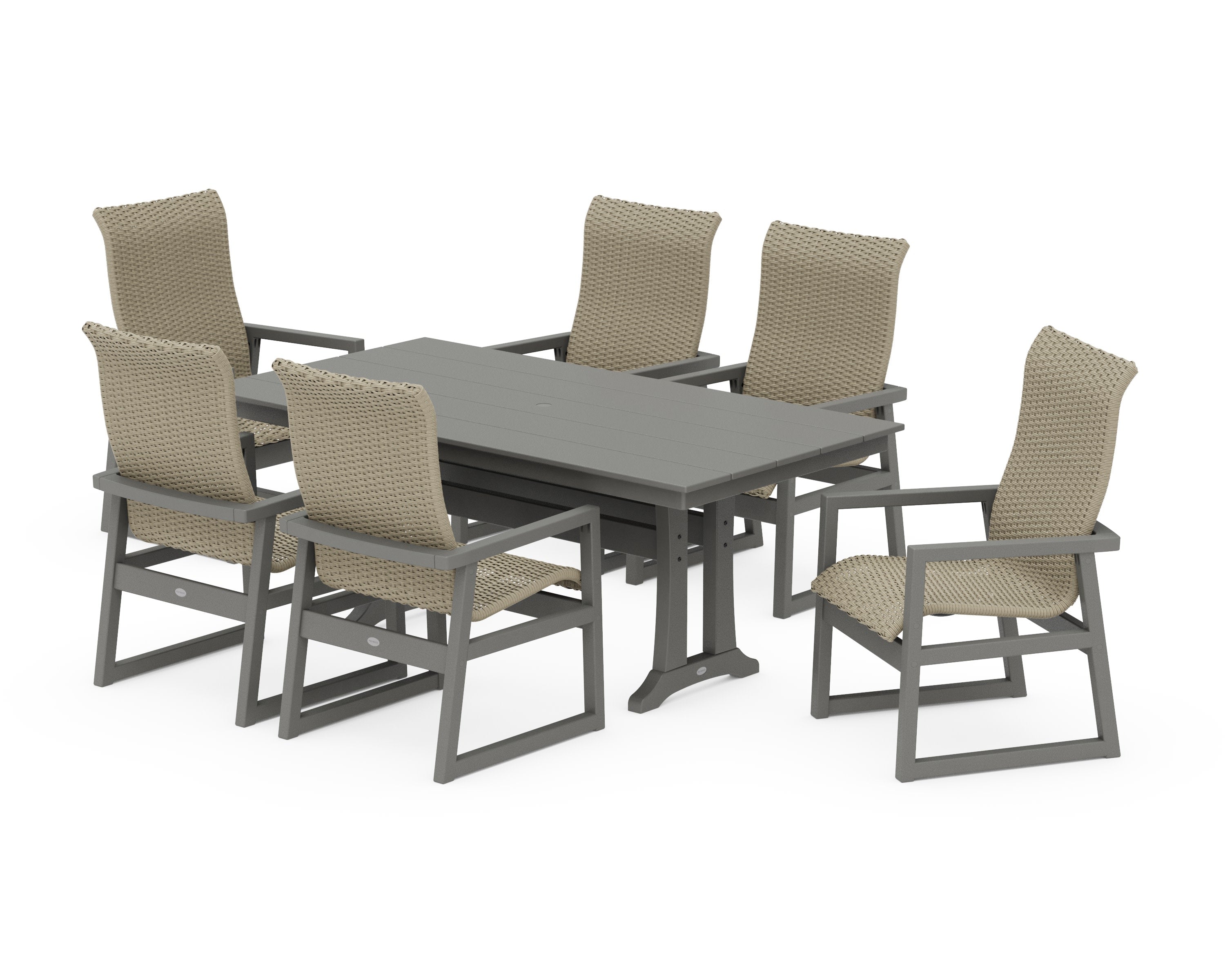 EDGE Woven Highback Arm Chair 7-Piece Farmhouse Dining Set with Trestle Legs