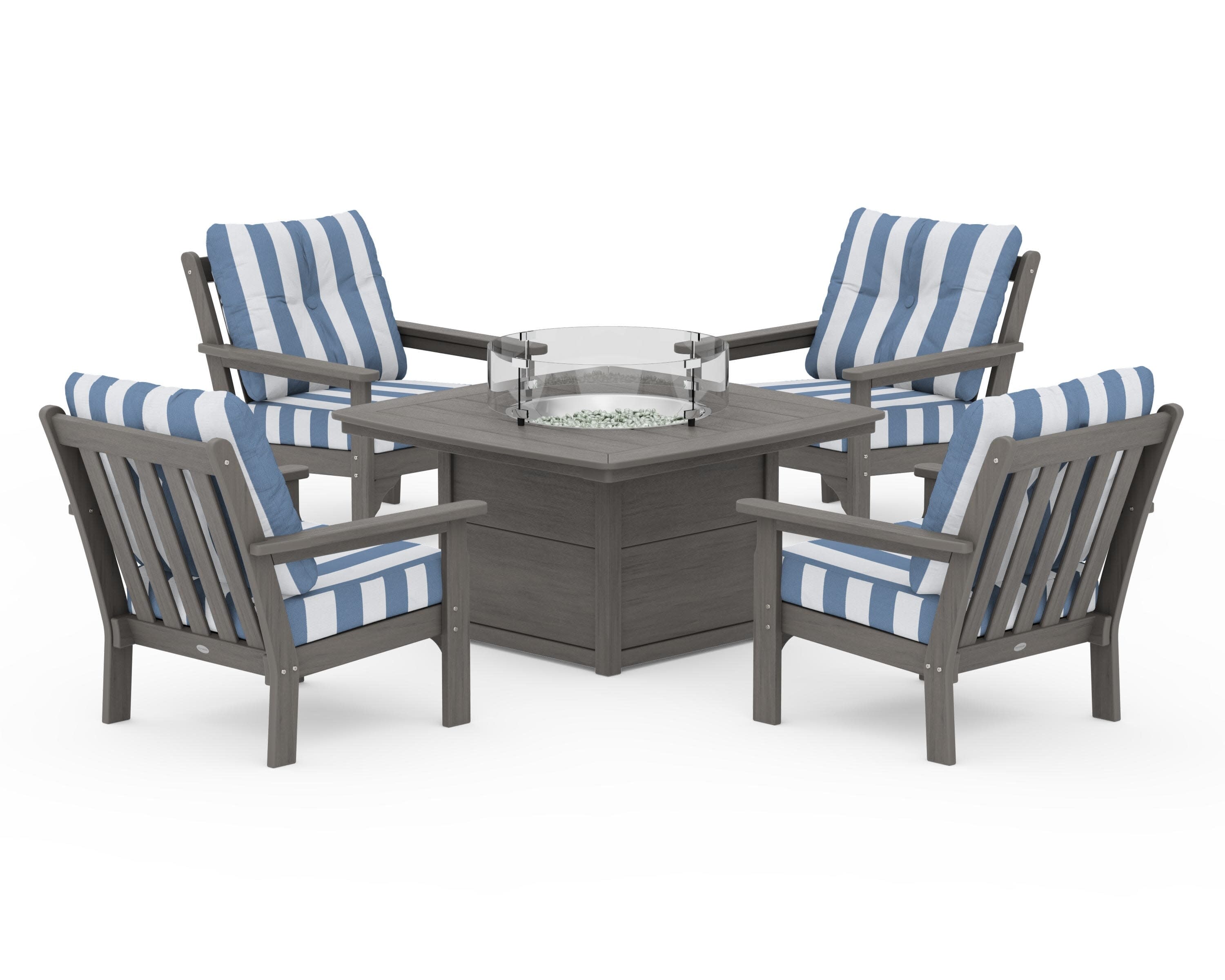 Vineyard 5-Piece Conversation Set with Fire Pit Table in Driftwood / Cabana Stripe Sky Blue
