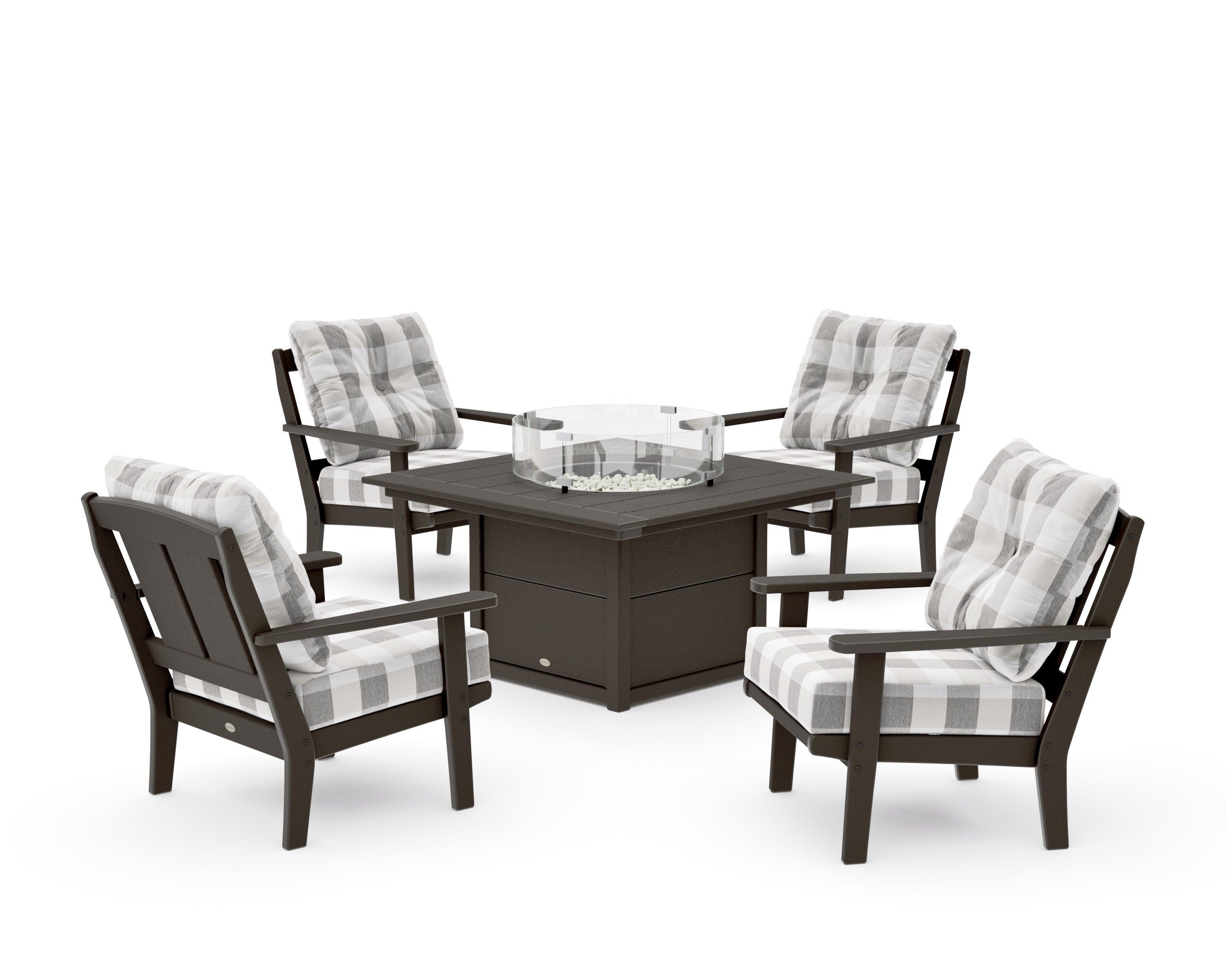 Mission 5-Piece Deep Seating Set with Fire Pit Table in Vintage Coffee / Buffalo Plaid Grey Mist
