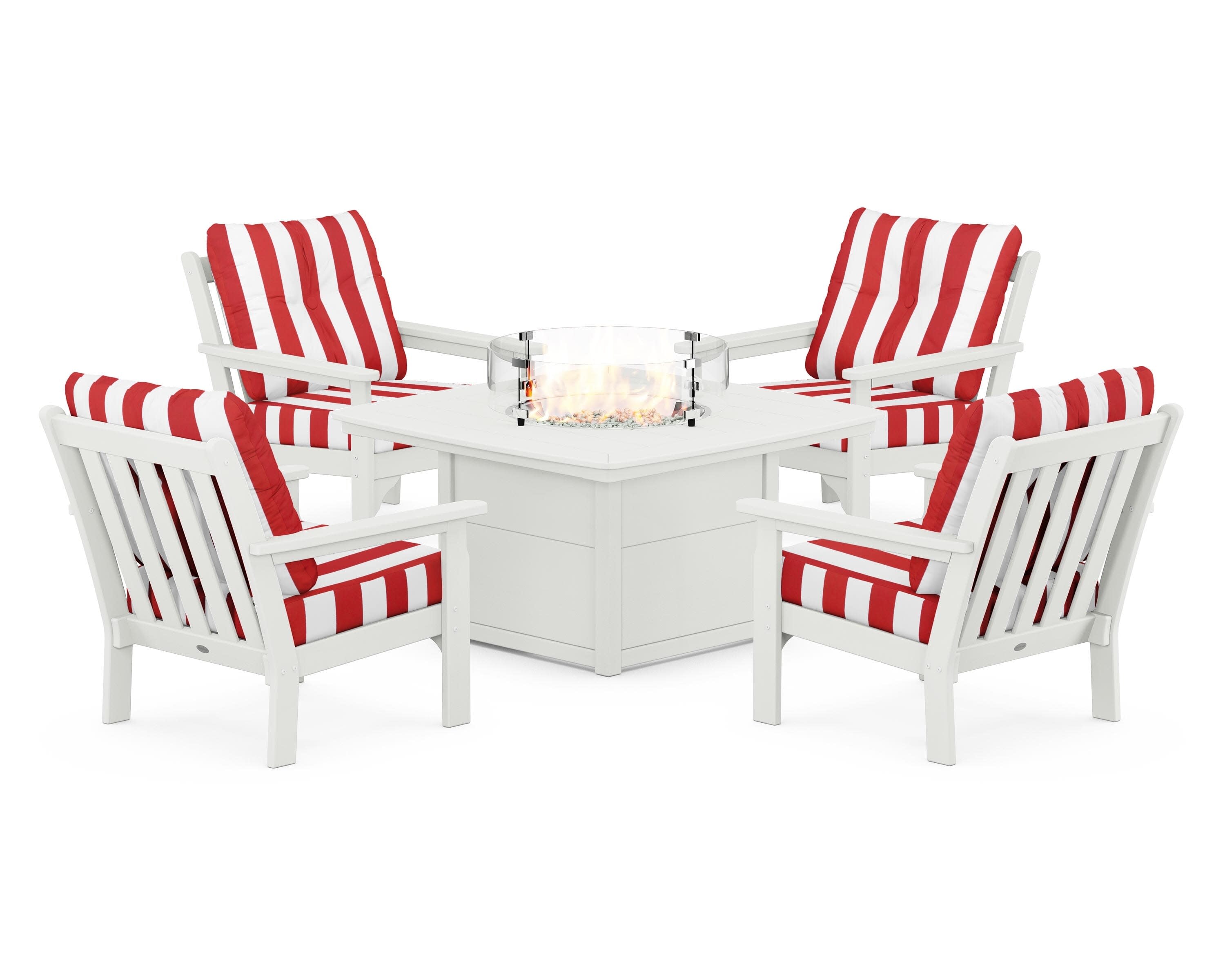 Vineyard 5-Piece Conversation Set with Fire Pit Table in Vintage White / Cabana Stripe Crimson