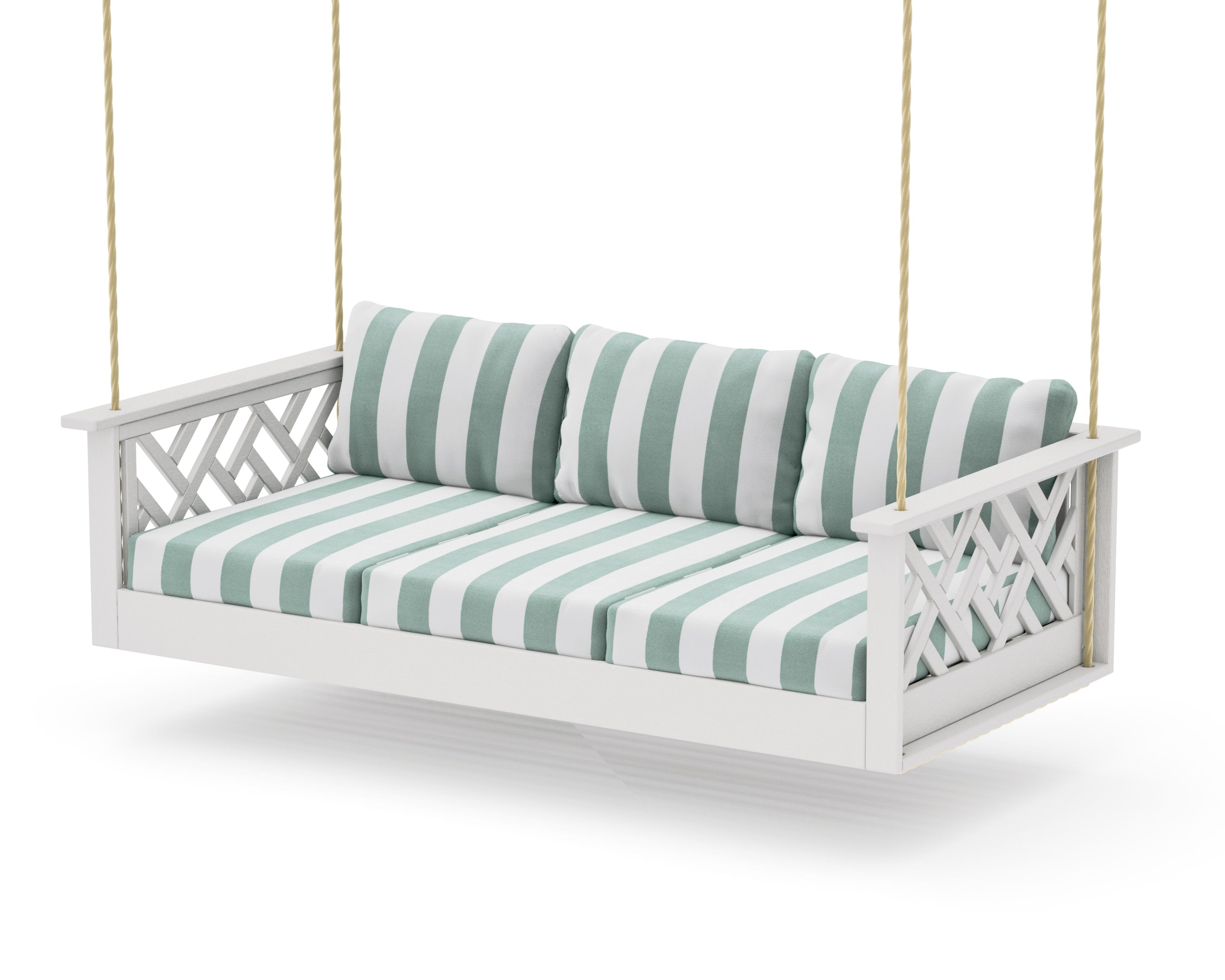 Chippendale Daybed Swing in Vintage White / Cabana Stripe Glacier Spa