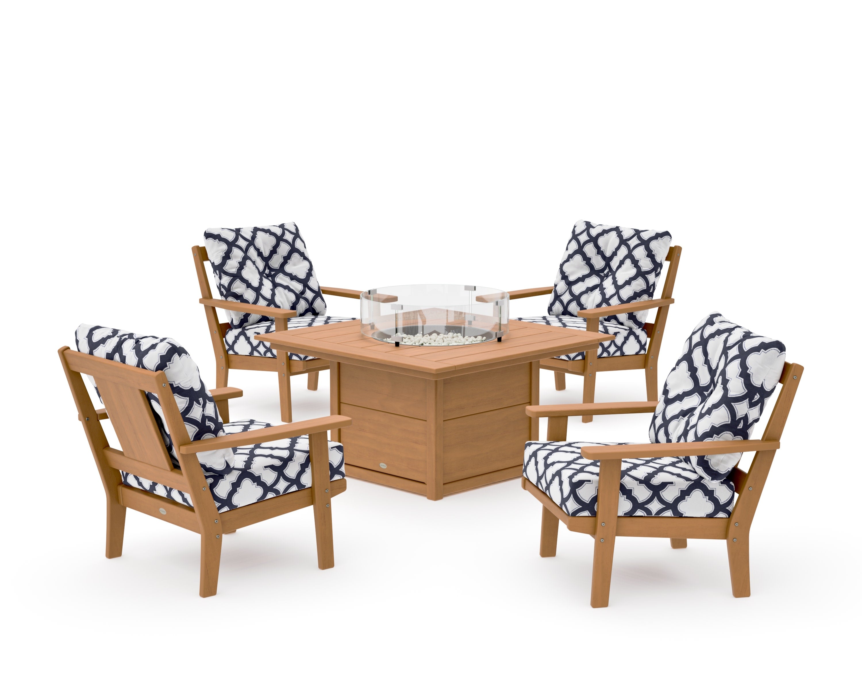 Prairie 5-Piece Deep Seating Set with Fire Pit Table in Natural / Trellis Navy