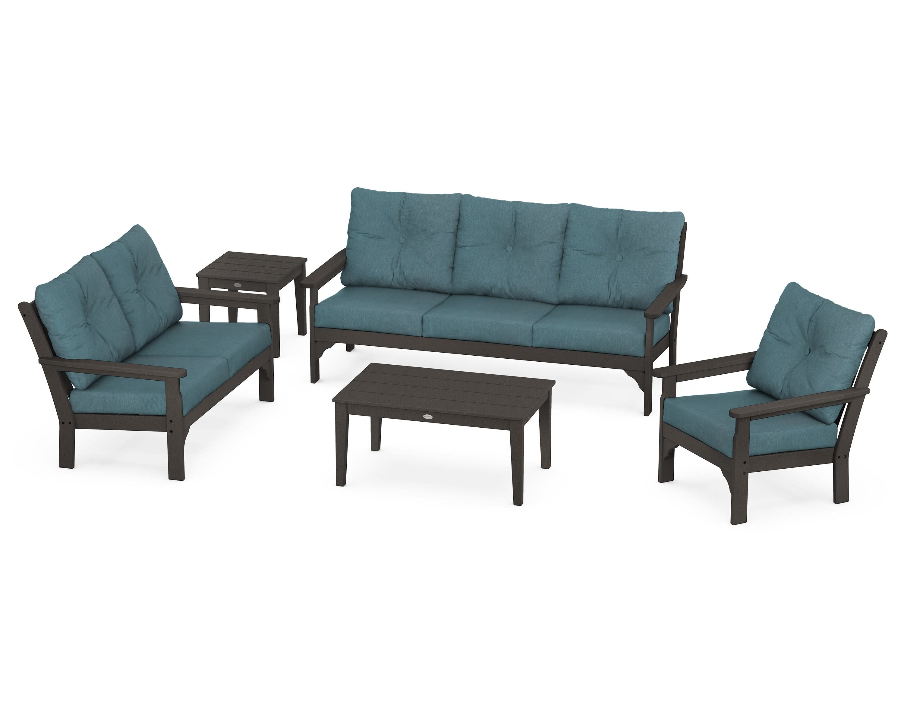 Vineyard 5 Piece Deep Seating Set in Vintage Coffee / Ocean Teal