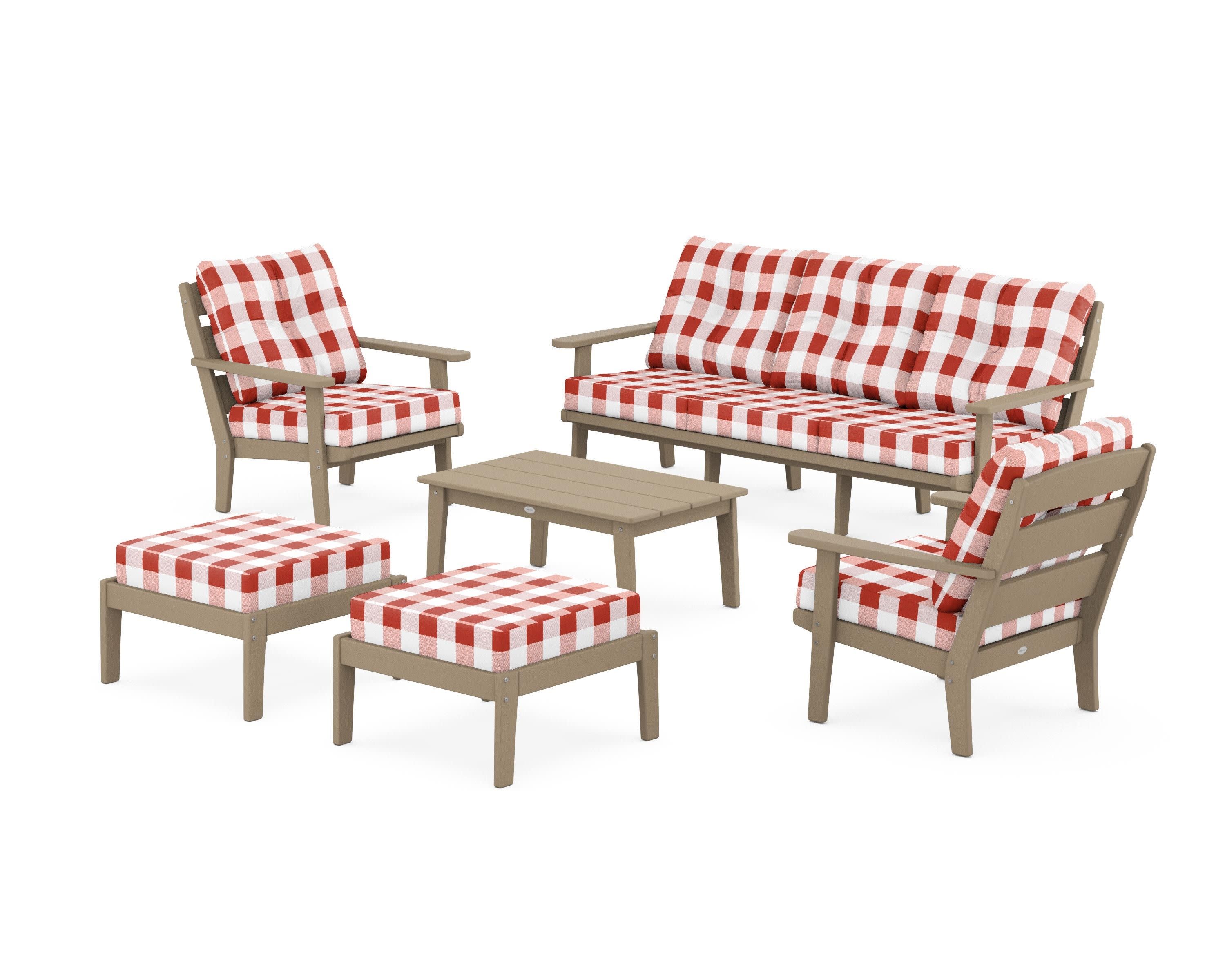 Lakeside 6-Piece Lounge Sofa Set in Vintage Sahara / Buffalo Plaid Crimson