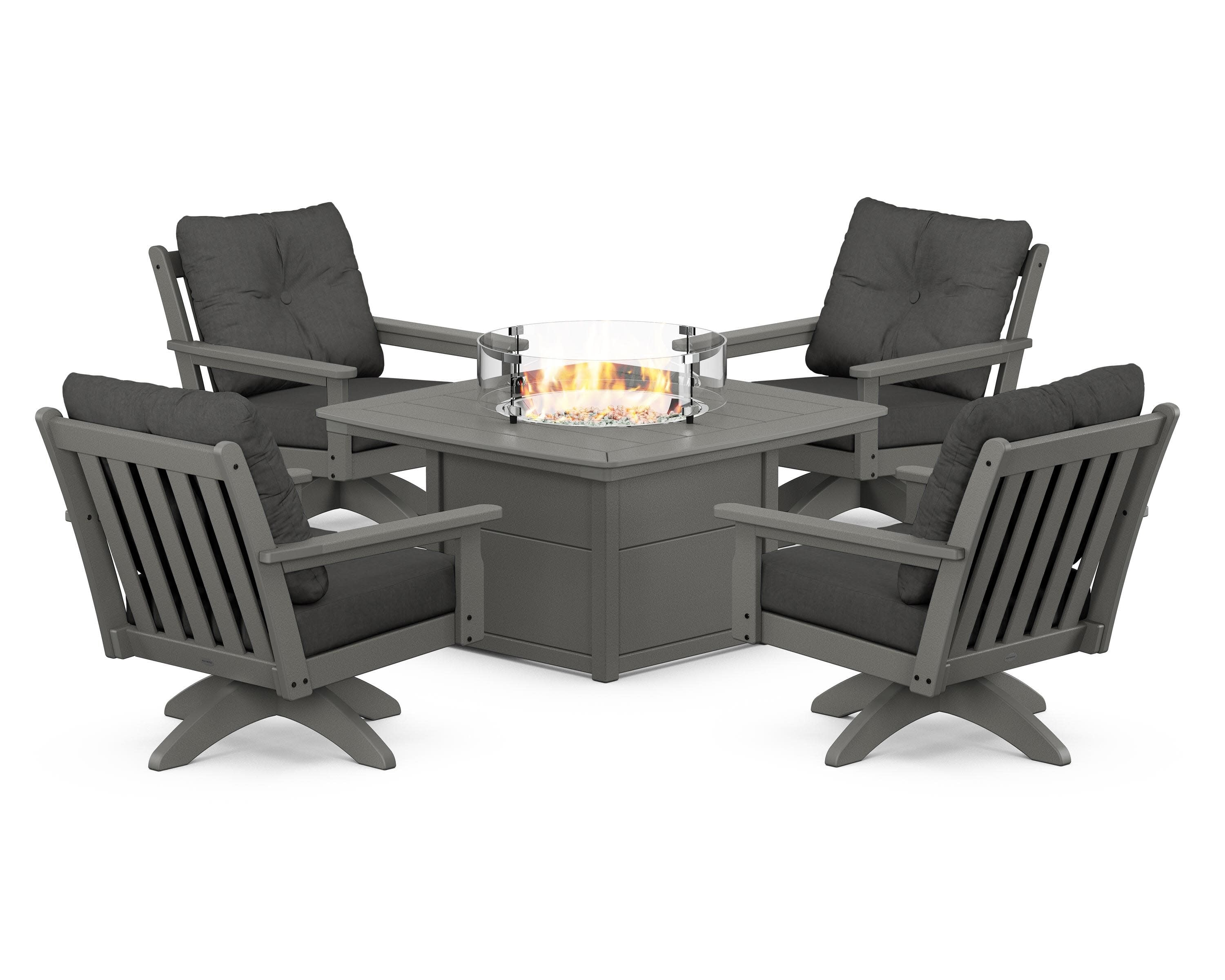 Vineyard 5-Piece Deep Seating Swivel Conversation Set with Fire Pit Table in Slate Grey / Spectrum Carbon
