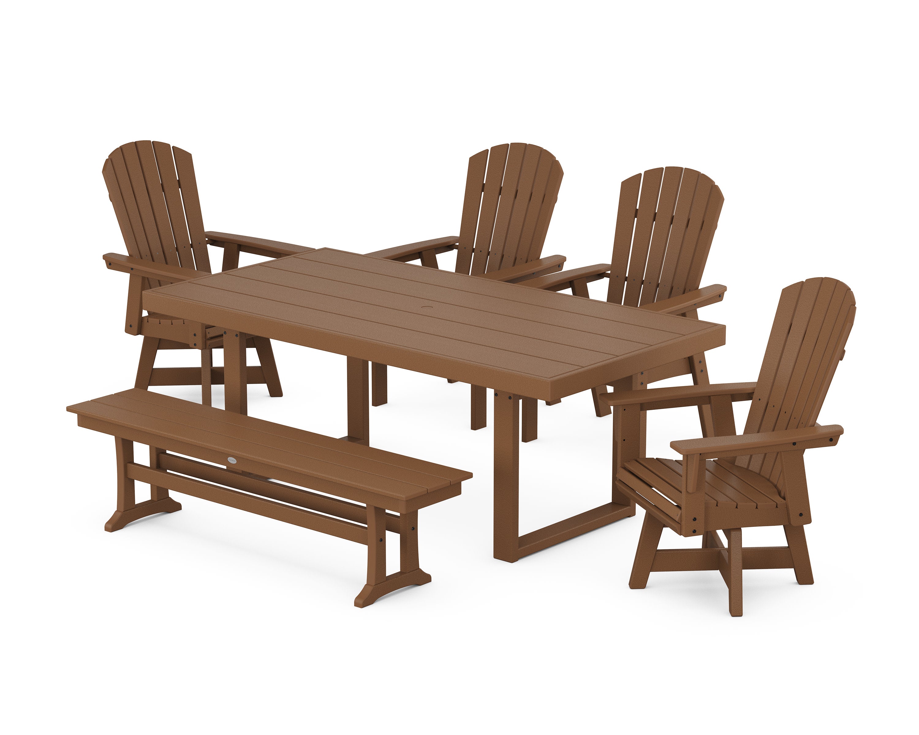 Nautical Curveback Adirondack Swivel Chair 6-Piece Dining Set with Bench in Teak