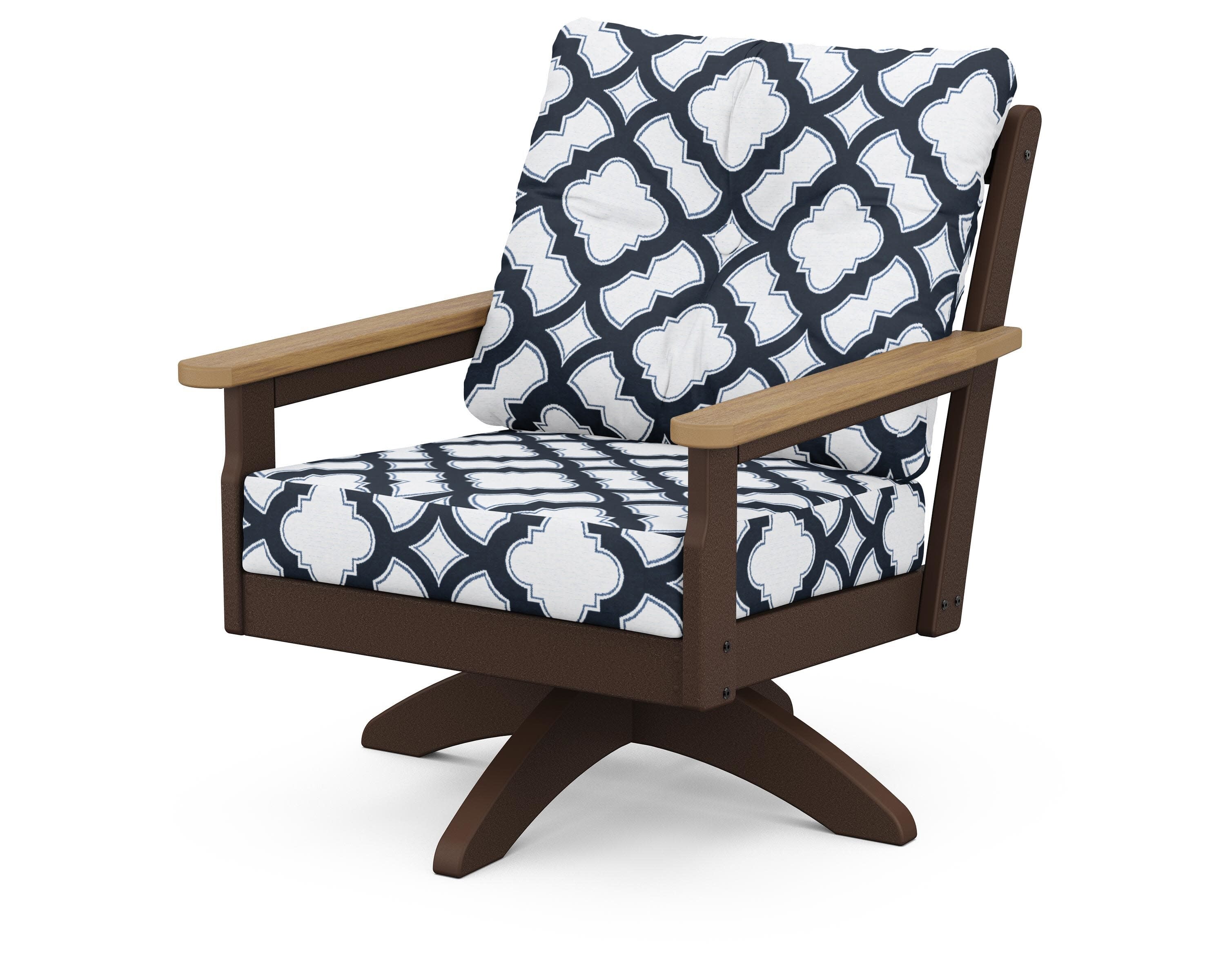 Vineyard Deep Seating Swivel Chair in Mahogany / Natural / Trellis Marine Indigo