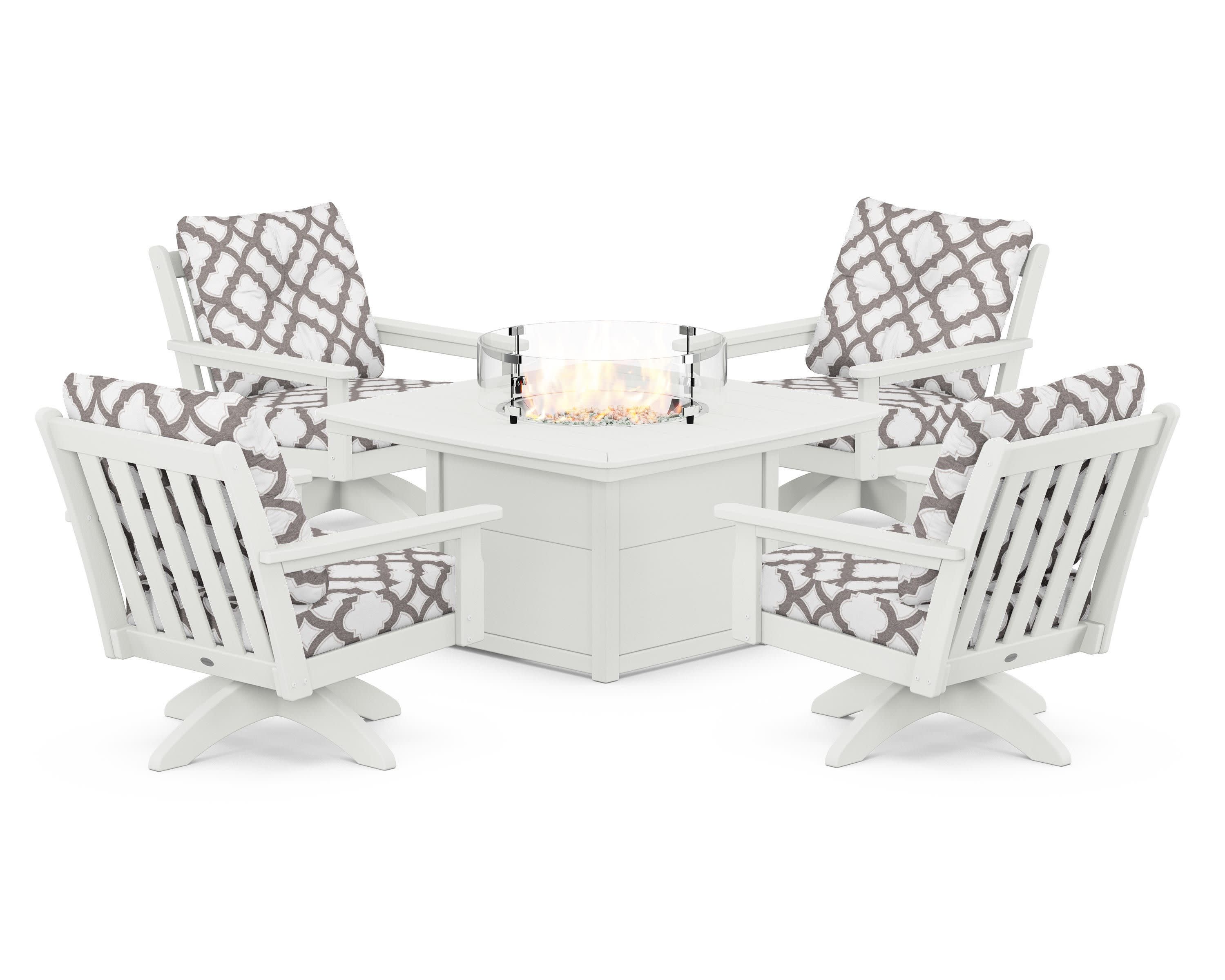 Vineyard 5-Piece Deep Seating Swivel Conversation Set with Fire Pit Table in Vintage White / Trellis Grey Mist