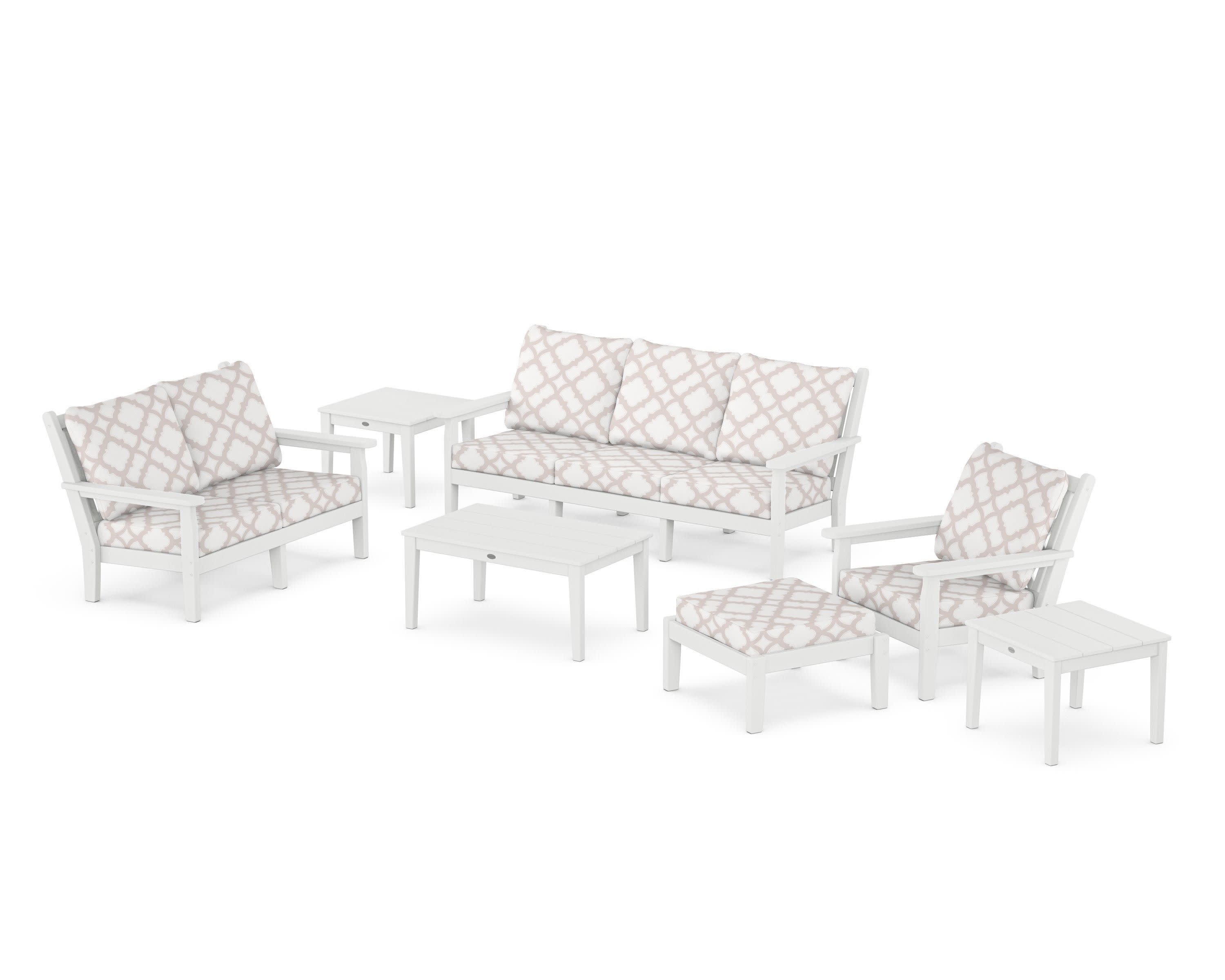Chippendale 7-Piece Deep Seating Set in White / Trellis Dune Burlap
