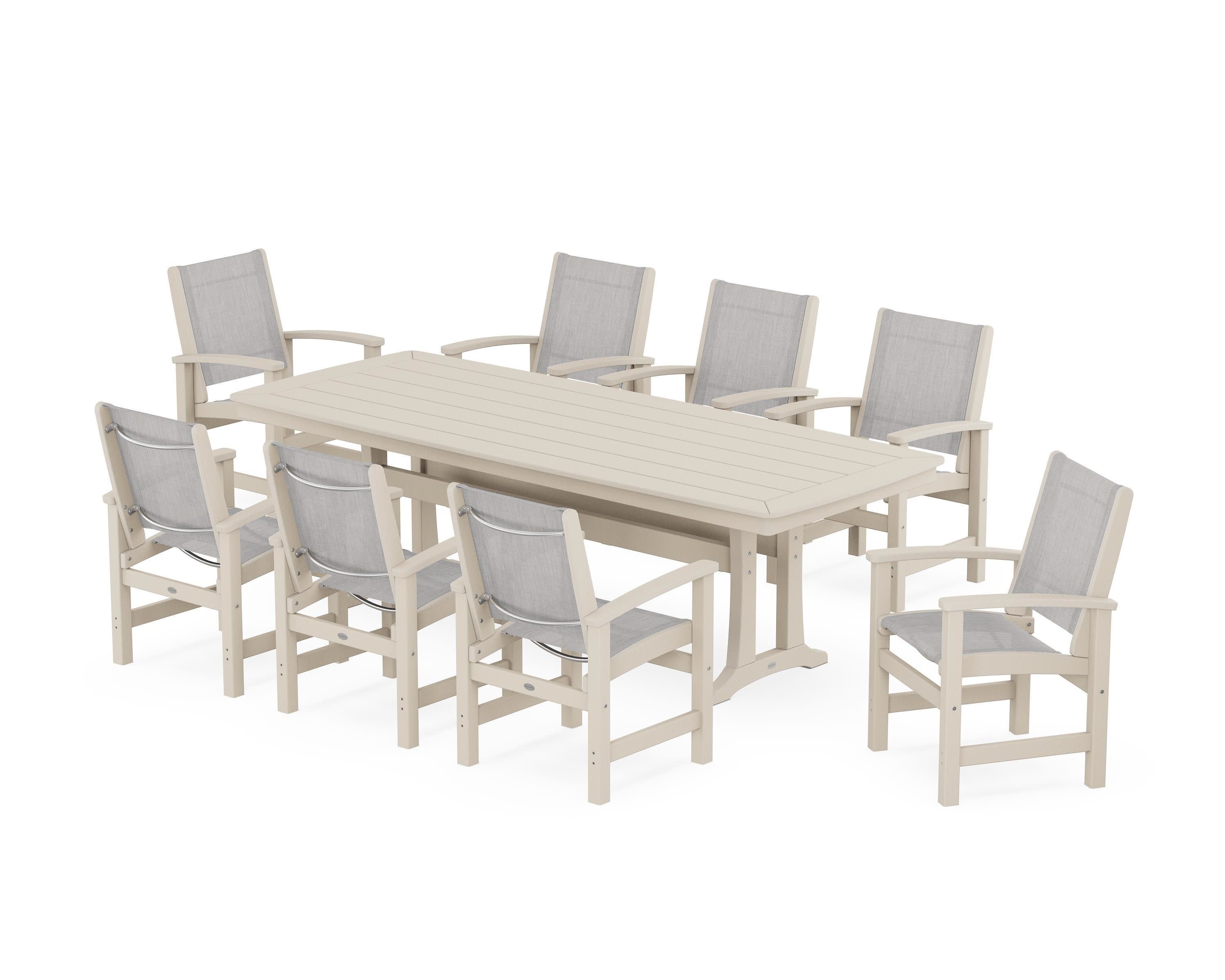 Coastal 9-Piece Dining Set with Trestle Legs in Sand / Parchment Sling
