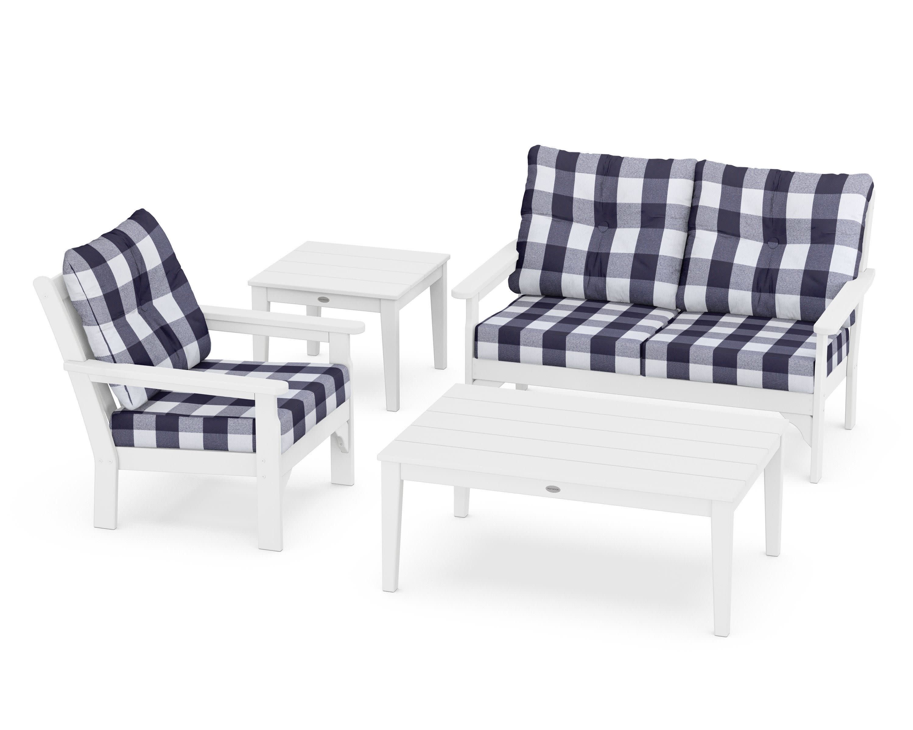 Vineyard 4-Piece Deep Seating Set in White / Buffalo Plaid Navy