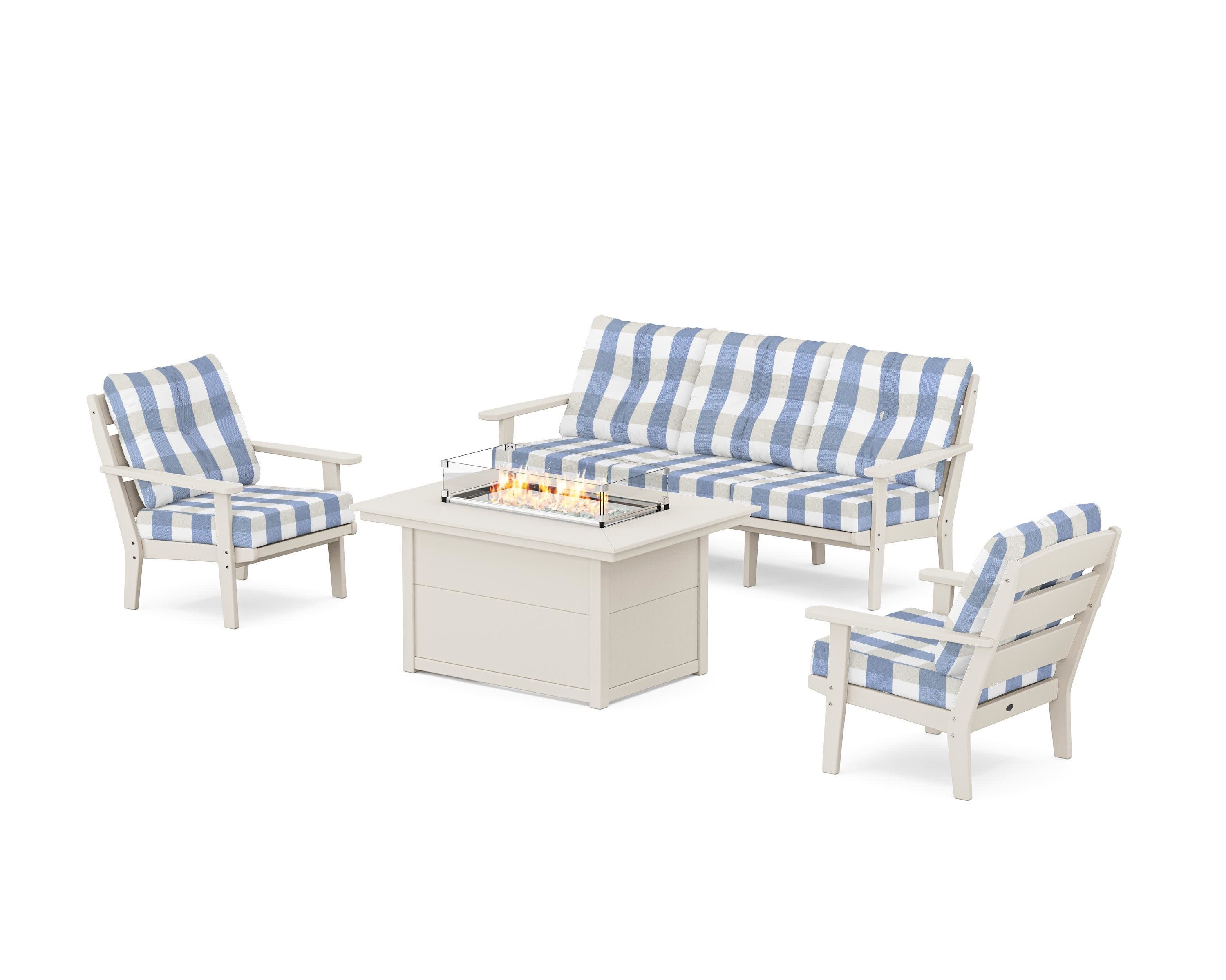 Lakeside Deep Seating Fire Pit Table Set in Sand / Buffalo Plaid Sky Blue