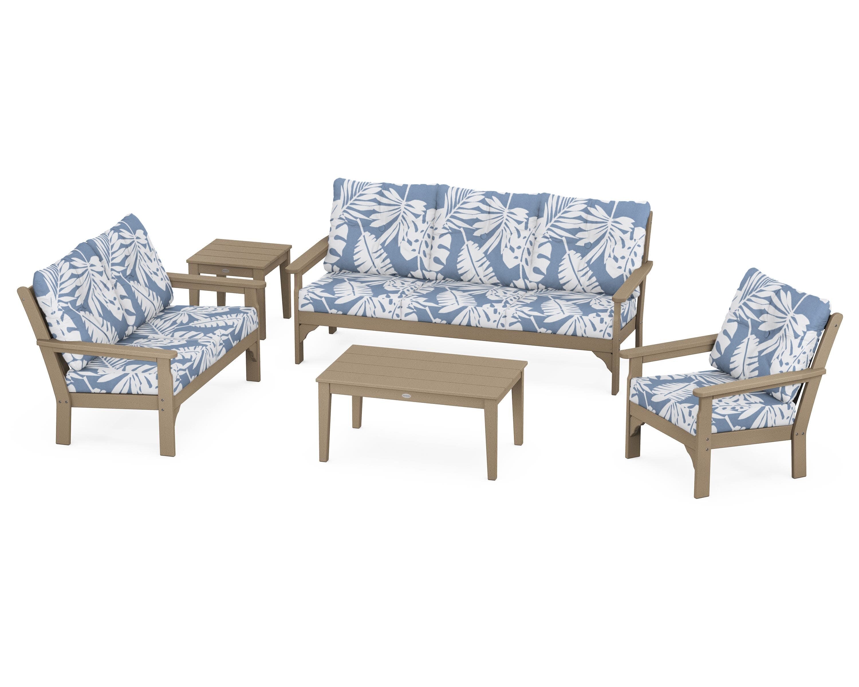 Vineyard 5 Piece Deep Seating Set in Vintage Sahara / Leaf Sky Blue