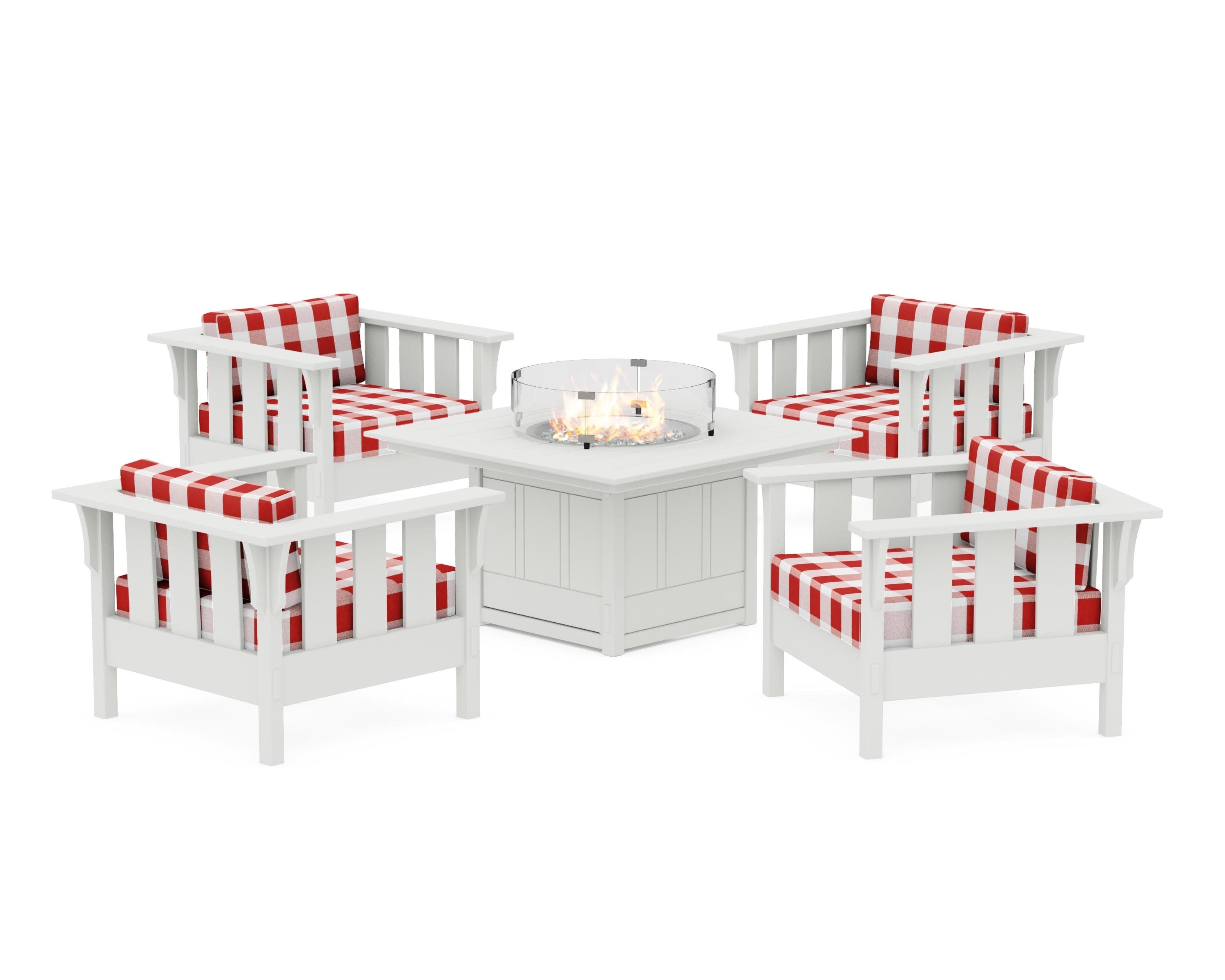 Acadia 5-Piece Deep Seating Set with Fire Pit Table in White / Buffalo Plaid Crimson