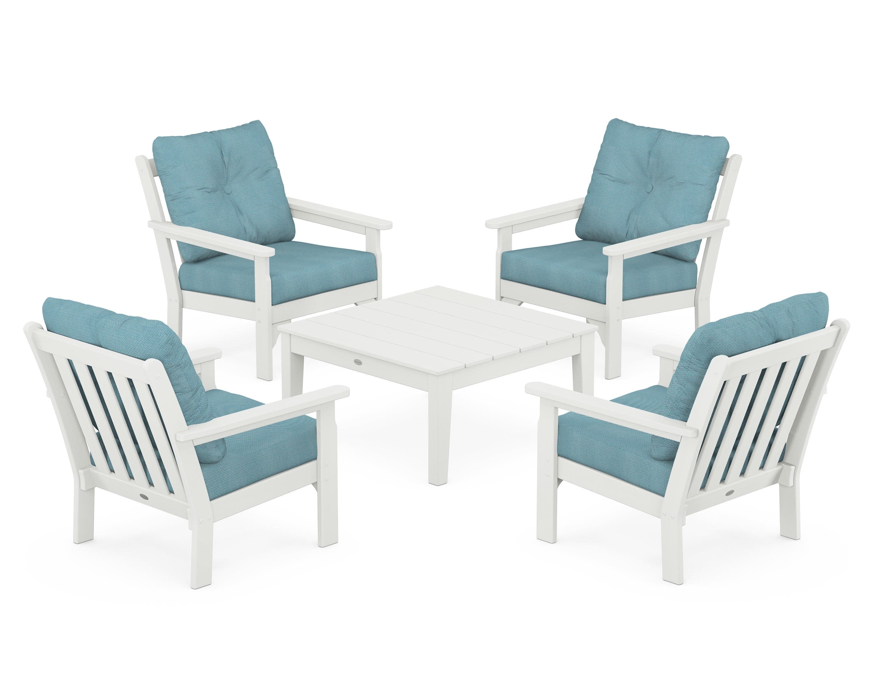 Vineyard 5-Piece Deep Seating Conversation Set in Vintage White / Lattice Sky Blue