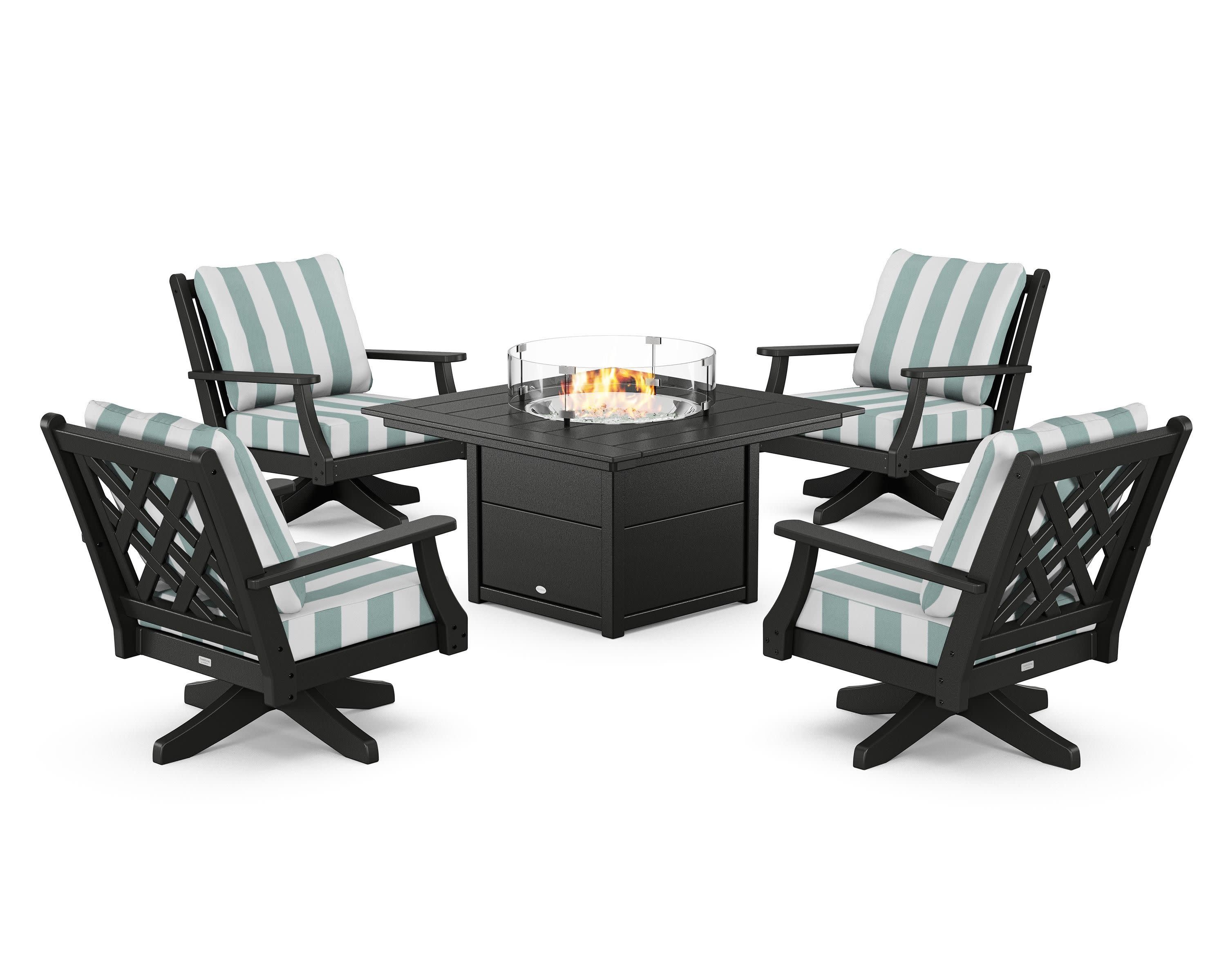 Wovendale 5-Piece Deep Seating Swivel Conversation Set with Fire Pit Table in Black / Cabana Stripe Glacier Spa