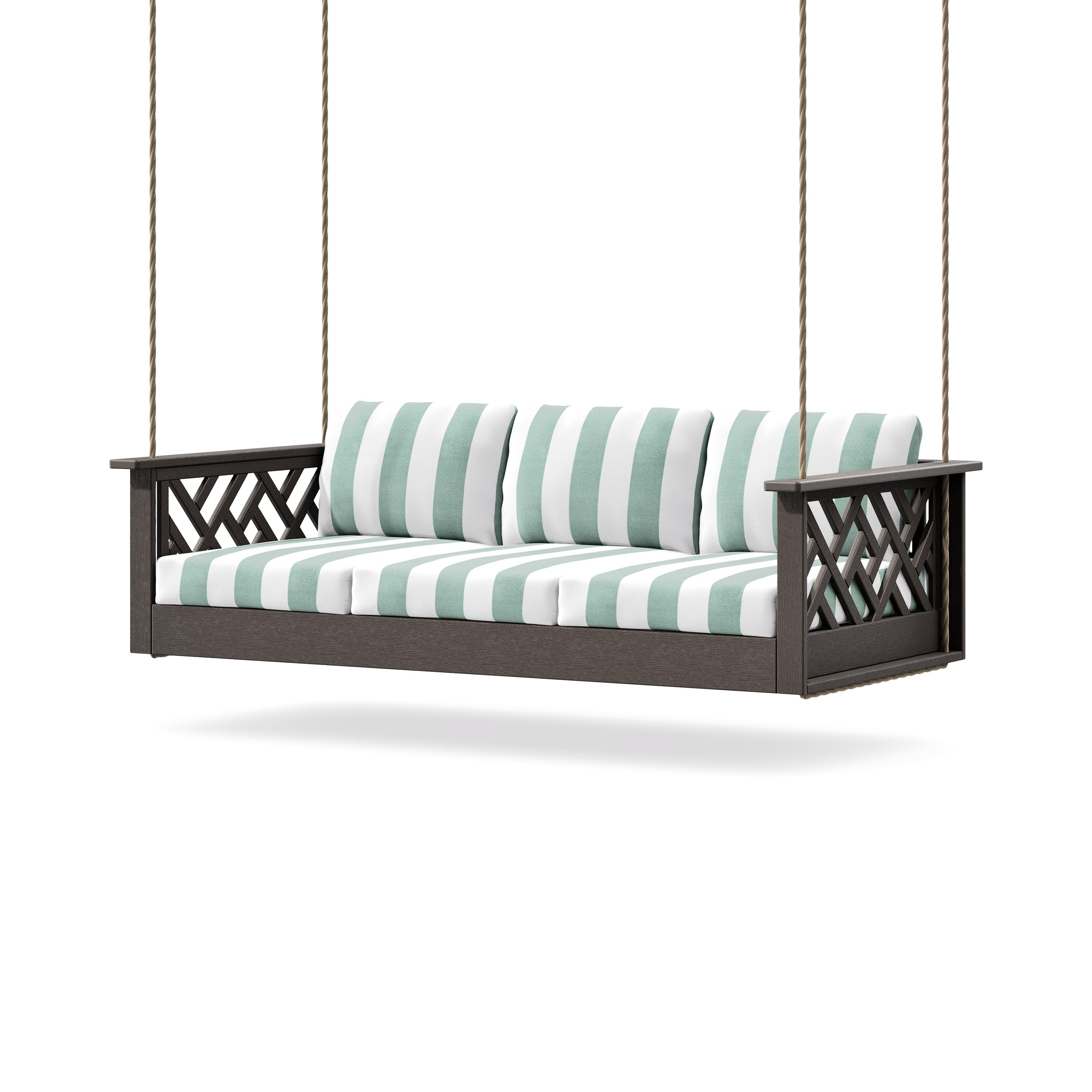 Chippendale Daybed Swing in Vintage Coffee / Cabana Stripe Glacier Spa
