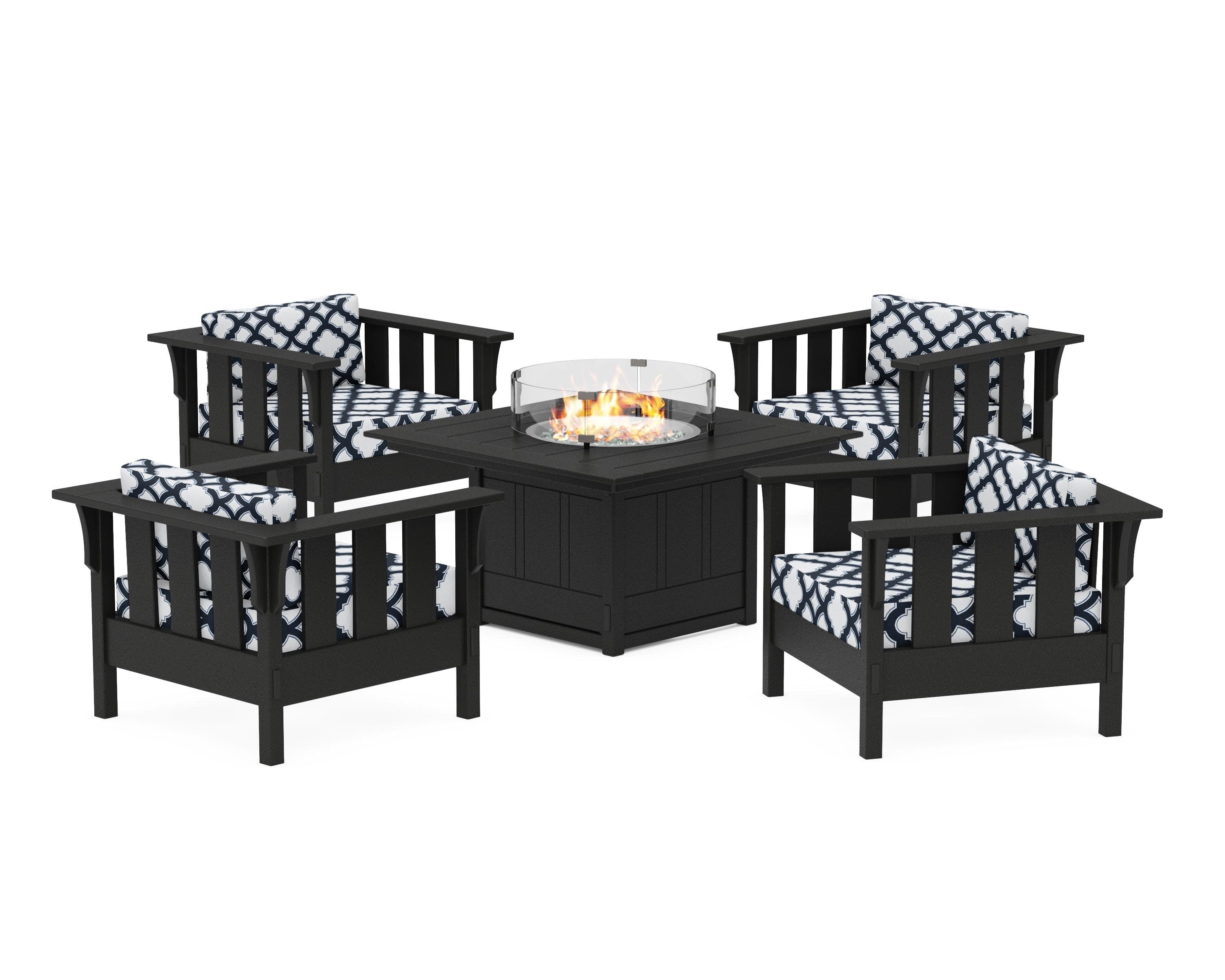 Acadia 5-Piece Deep Seating Set with Fire Pit Table in Black / Trellis Marine Indigo