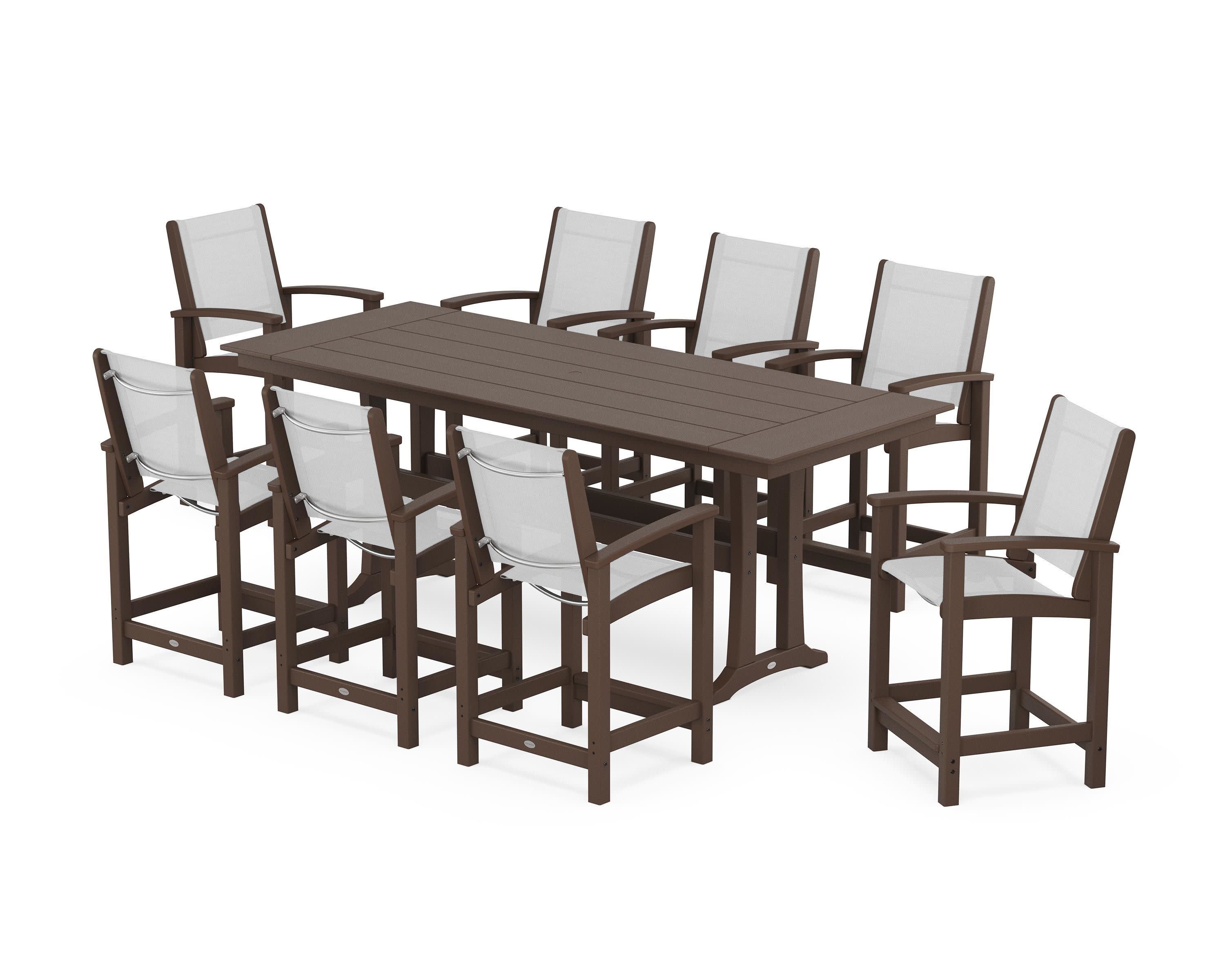 Coastal 9-Piece Farmhouse Counter Set with Trestle Legs in Mahogany / White Sling