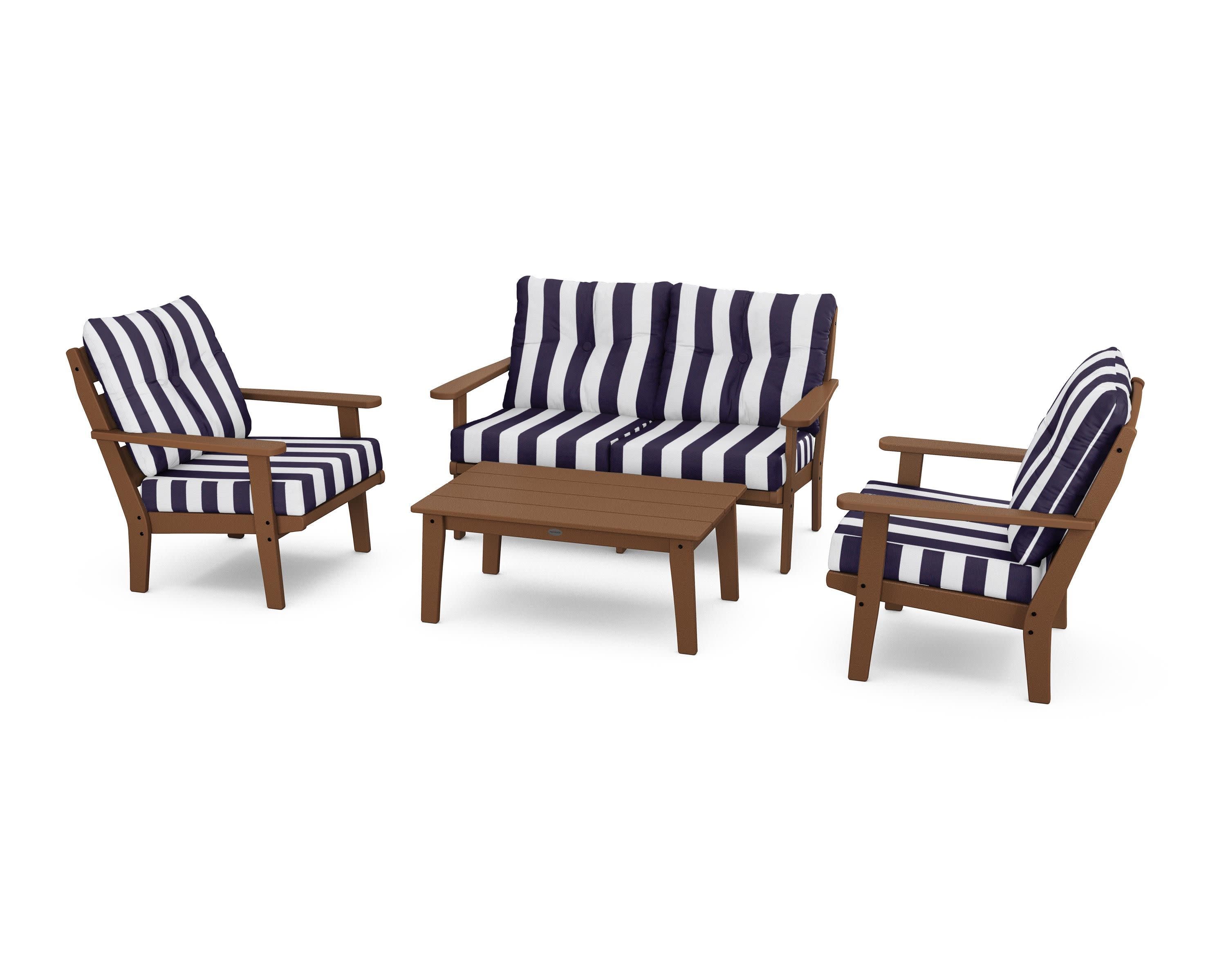 Lakeside 4-Piece Deep Seating Set in Teak / Cabana Stripe Navy