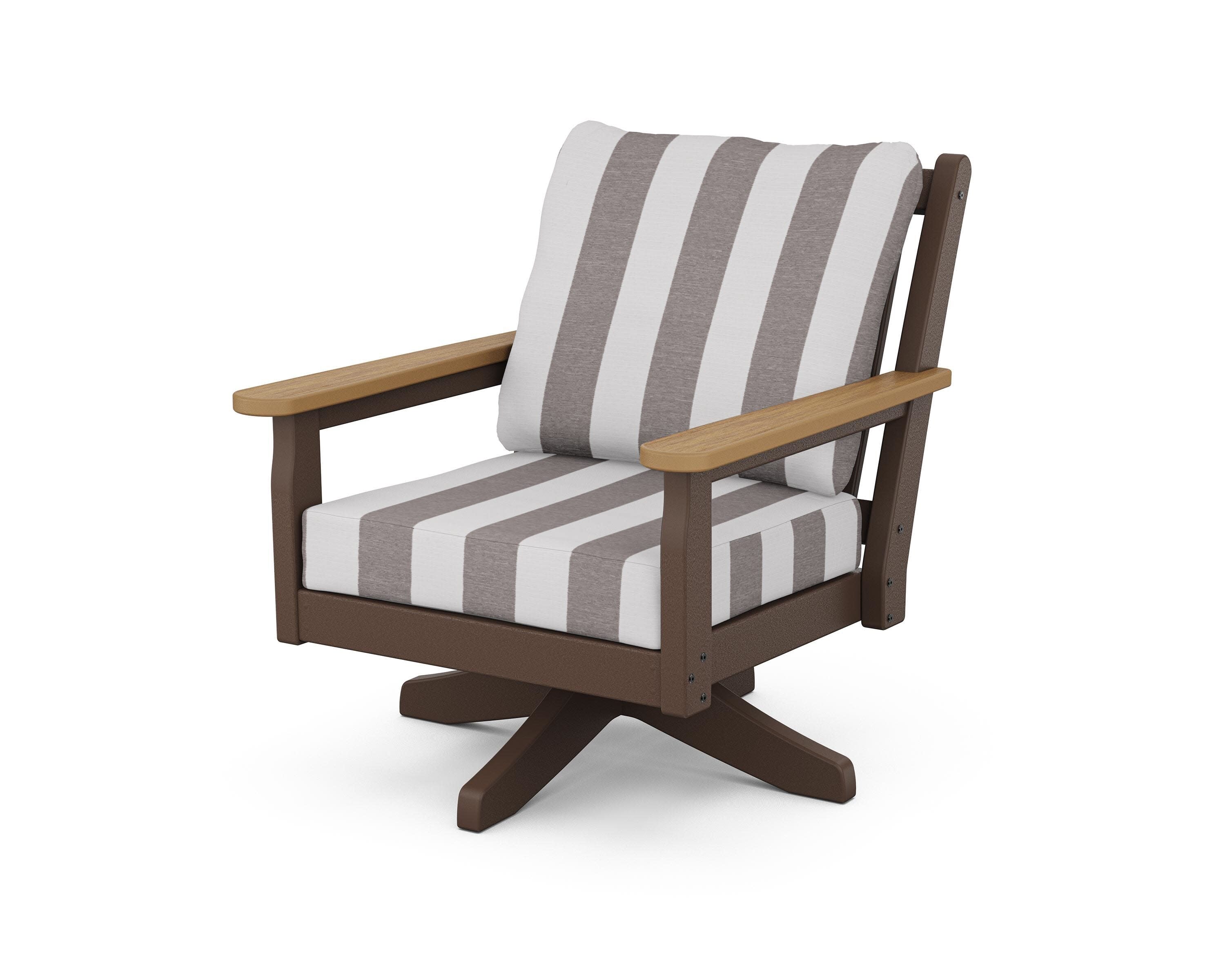 Chippendale Deep Seating Swivel Chair in Mahogany / Natural / Cabana Stripe Grey Mist