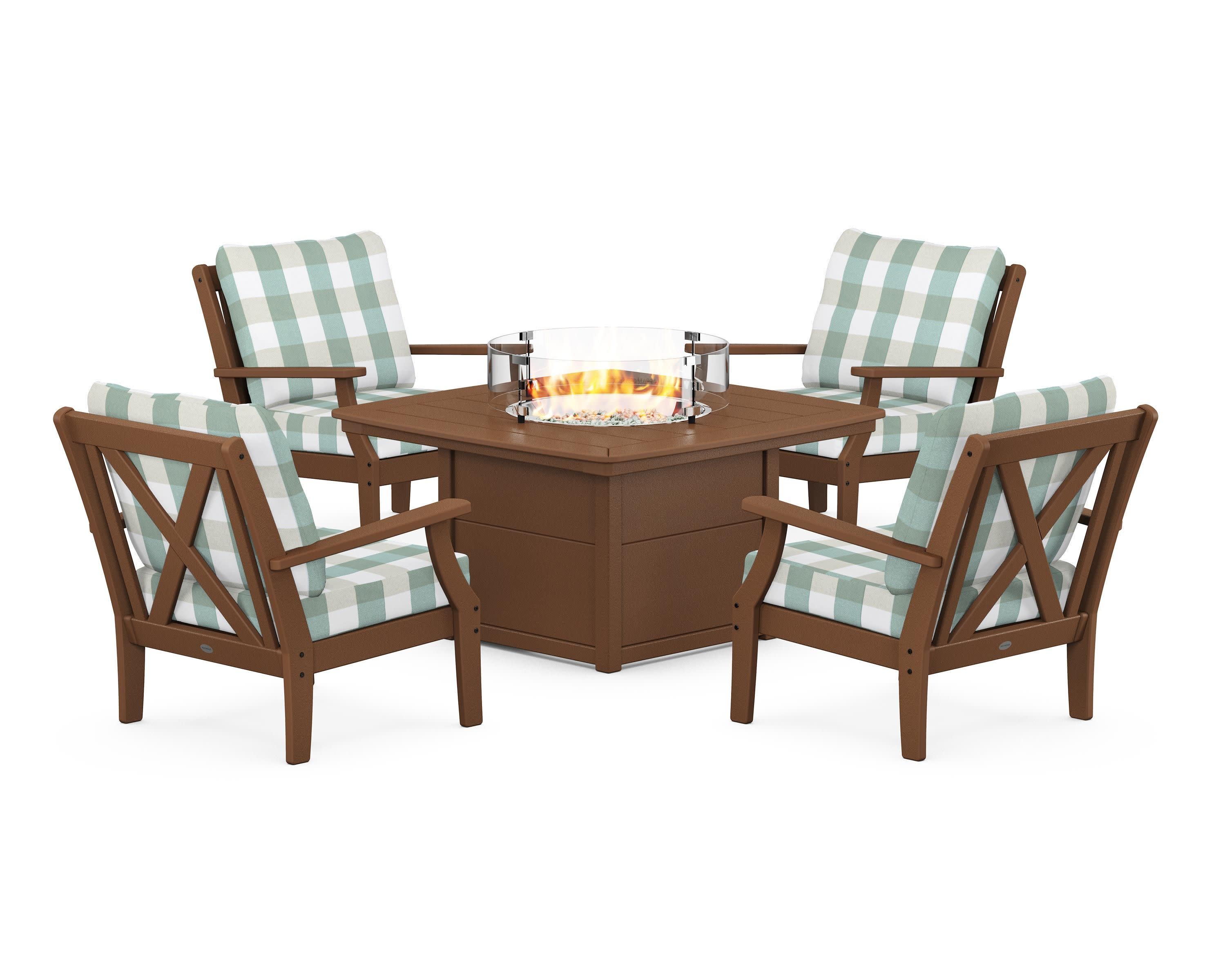 Braxton 5-Piece Deep Seating Conversation Set with Fire Pit Table in Teak / Buffalo Plaid Glacier Spa