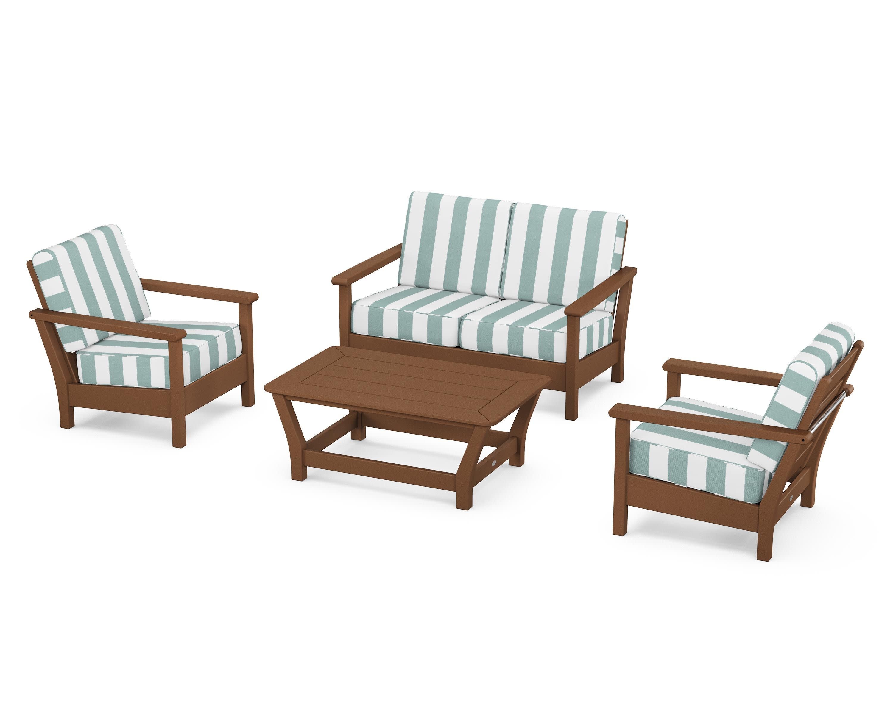 Harbour 4-Piece Deep Seating Set in Teak / Cabana Stripe Glacier Spa