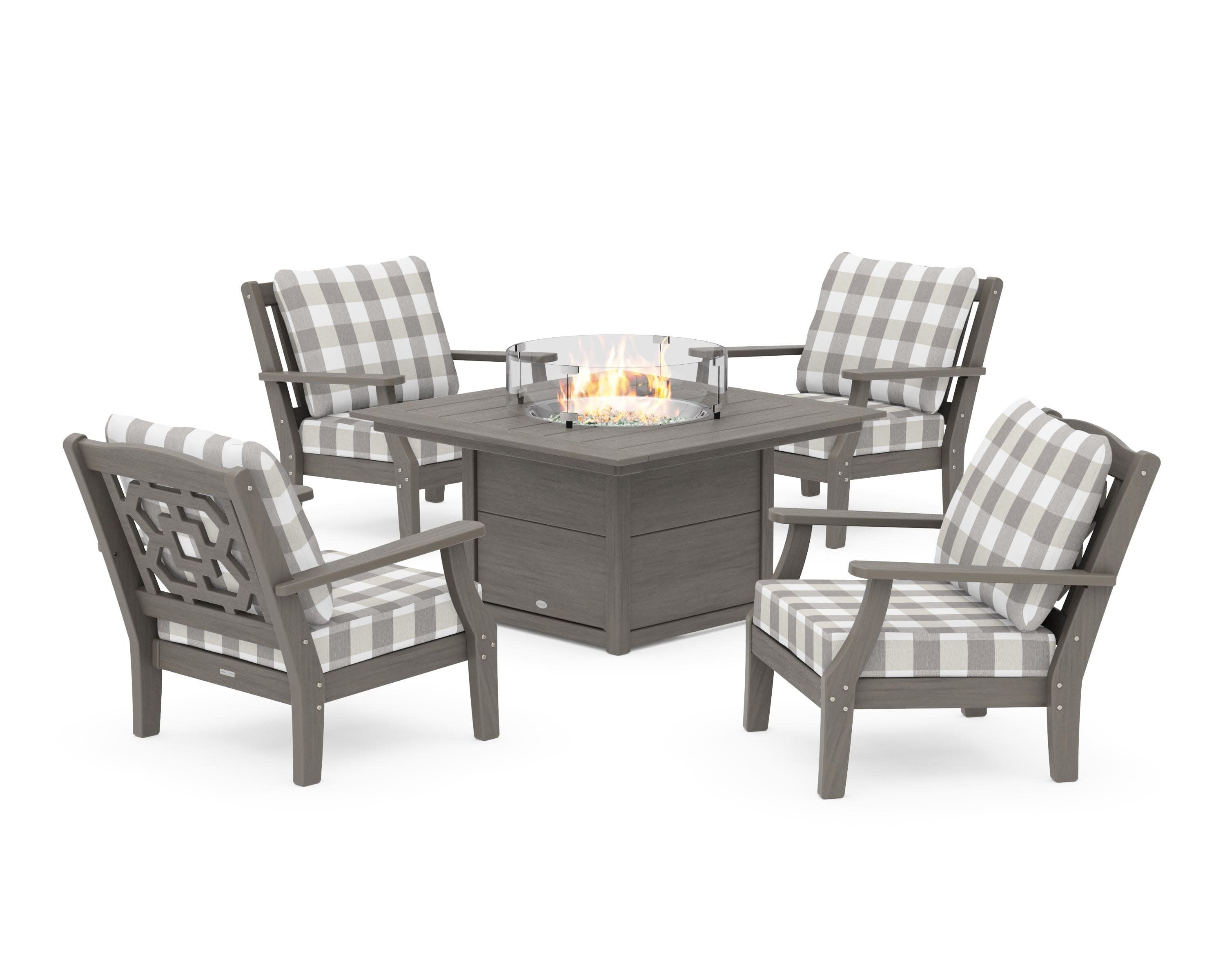 Chinoiserie 5-Piece Deep Seating Set with Fire Pit Table in Driftwood / Buffalo Plaid Grey Mist