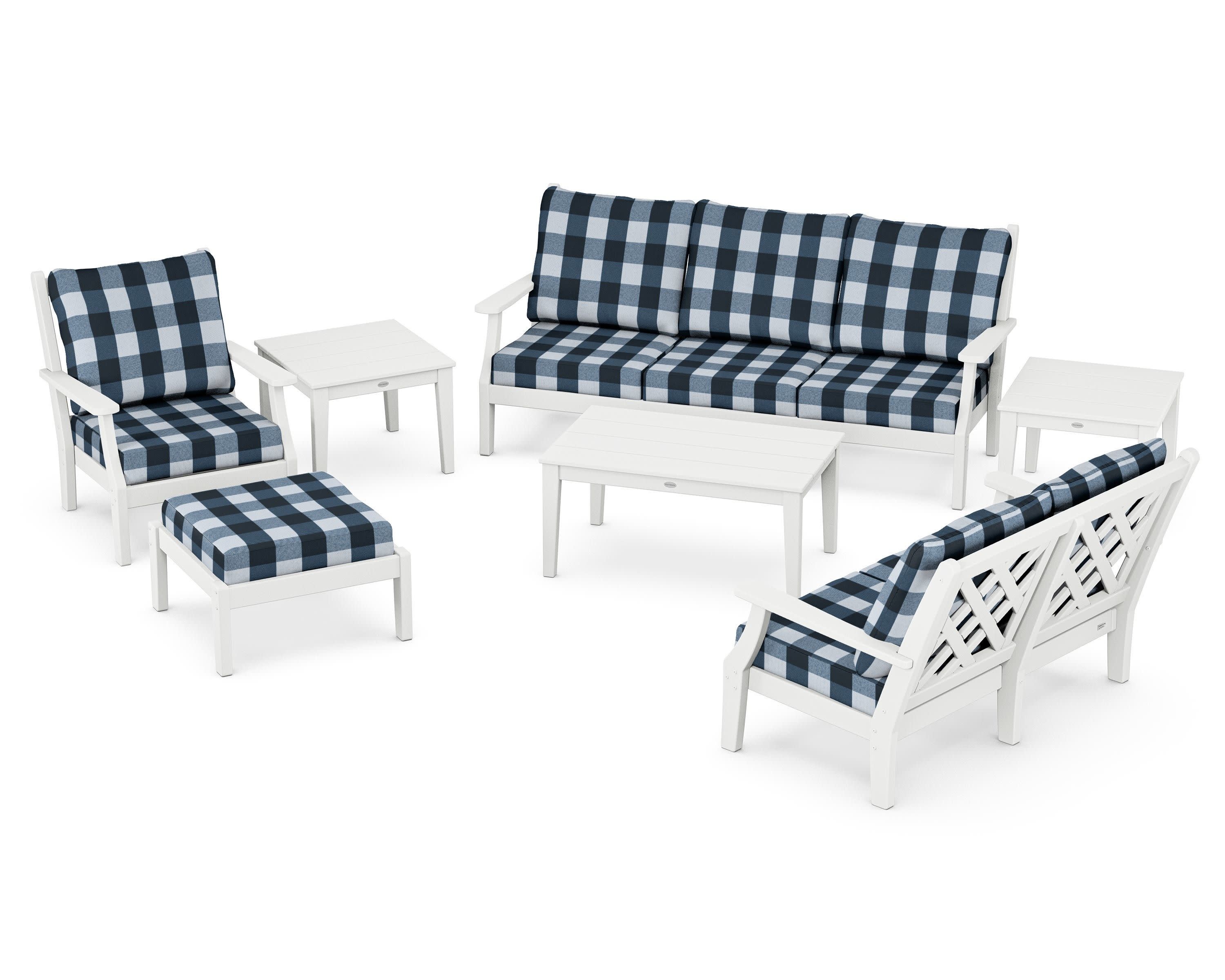 Wovendale 7-Piece Deep Seating Set in White / Buffalo Plaid Marine Indigo