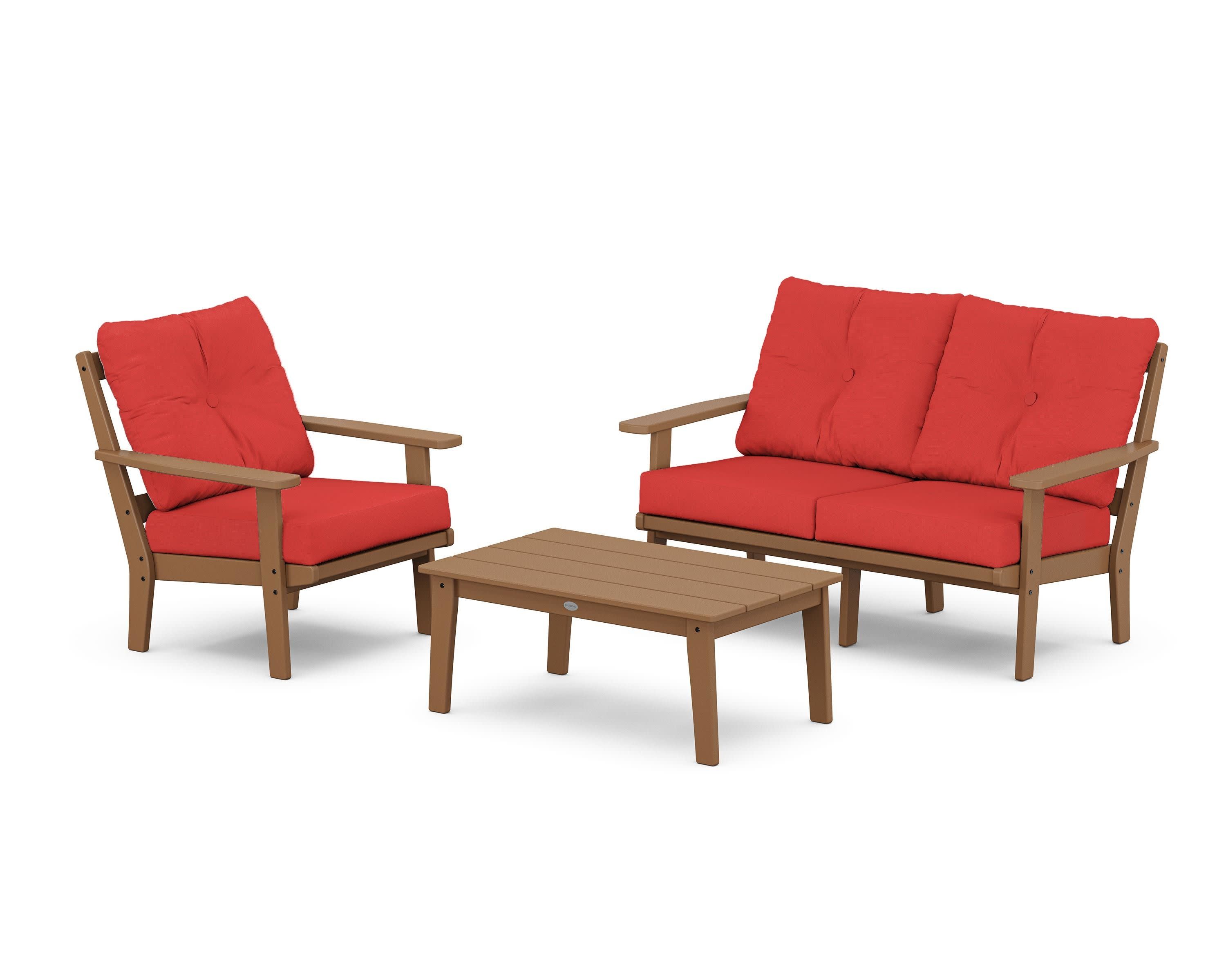 Prairie 3-Piece Deep Seating Set with Loveseat in Teak / Crimson Linen