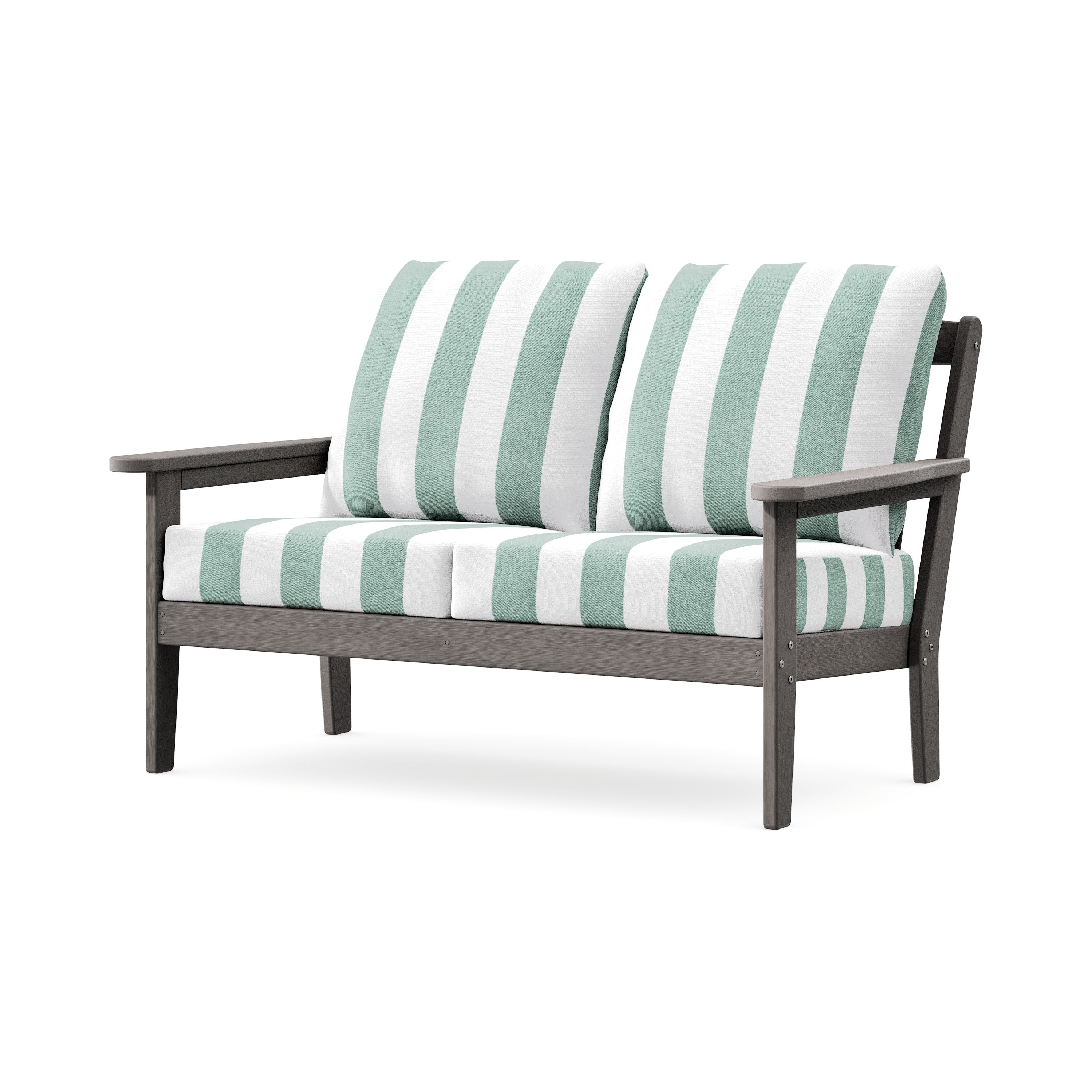 Cottage Deep Seating Loveseat in Driftwood / Cabana Stripe Glacier Spa
