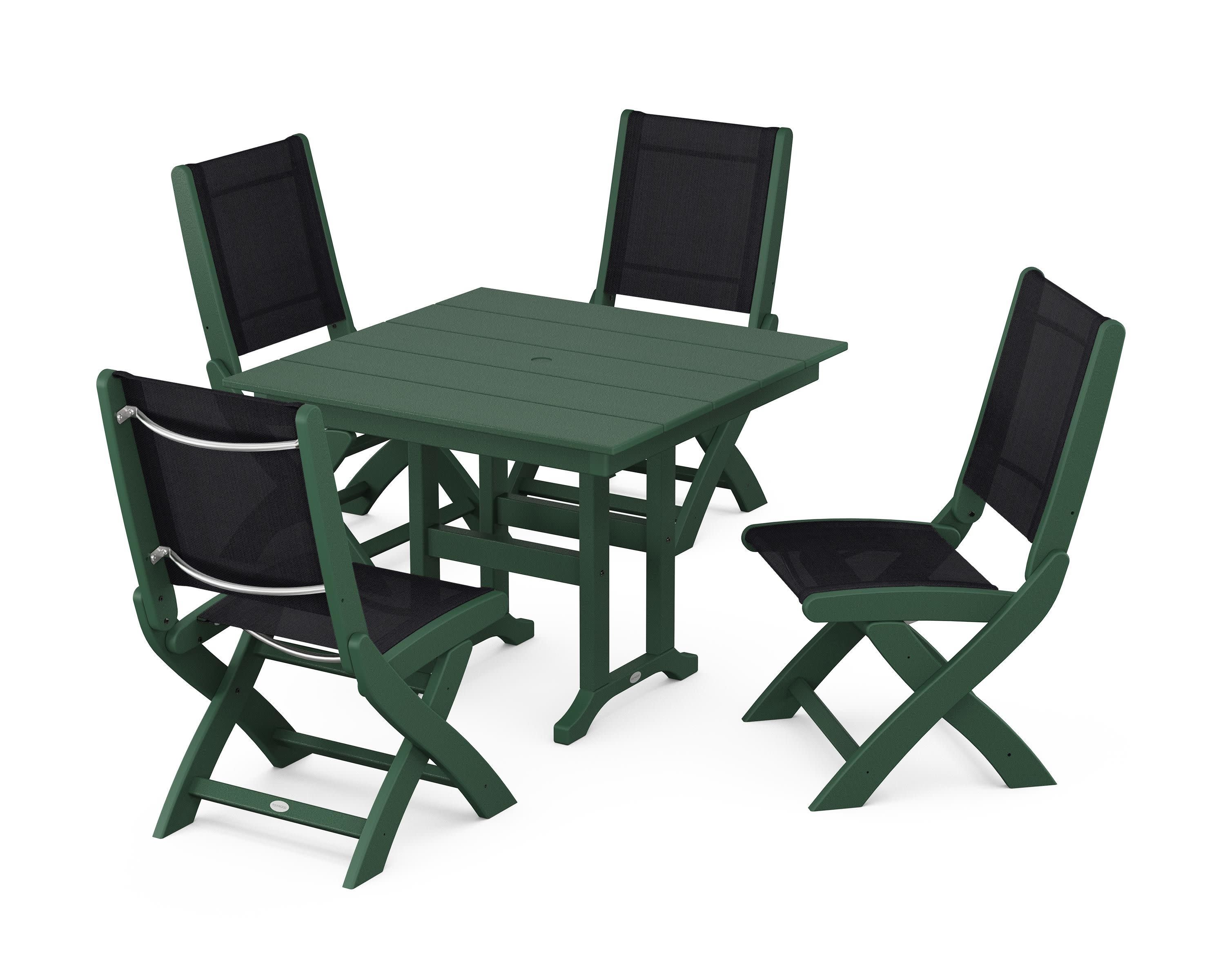 Coastal Folding Side Chair 5-Piece Farmhouse Dining Set in Green / Black Sling