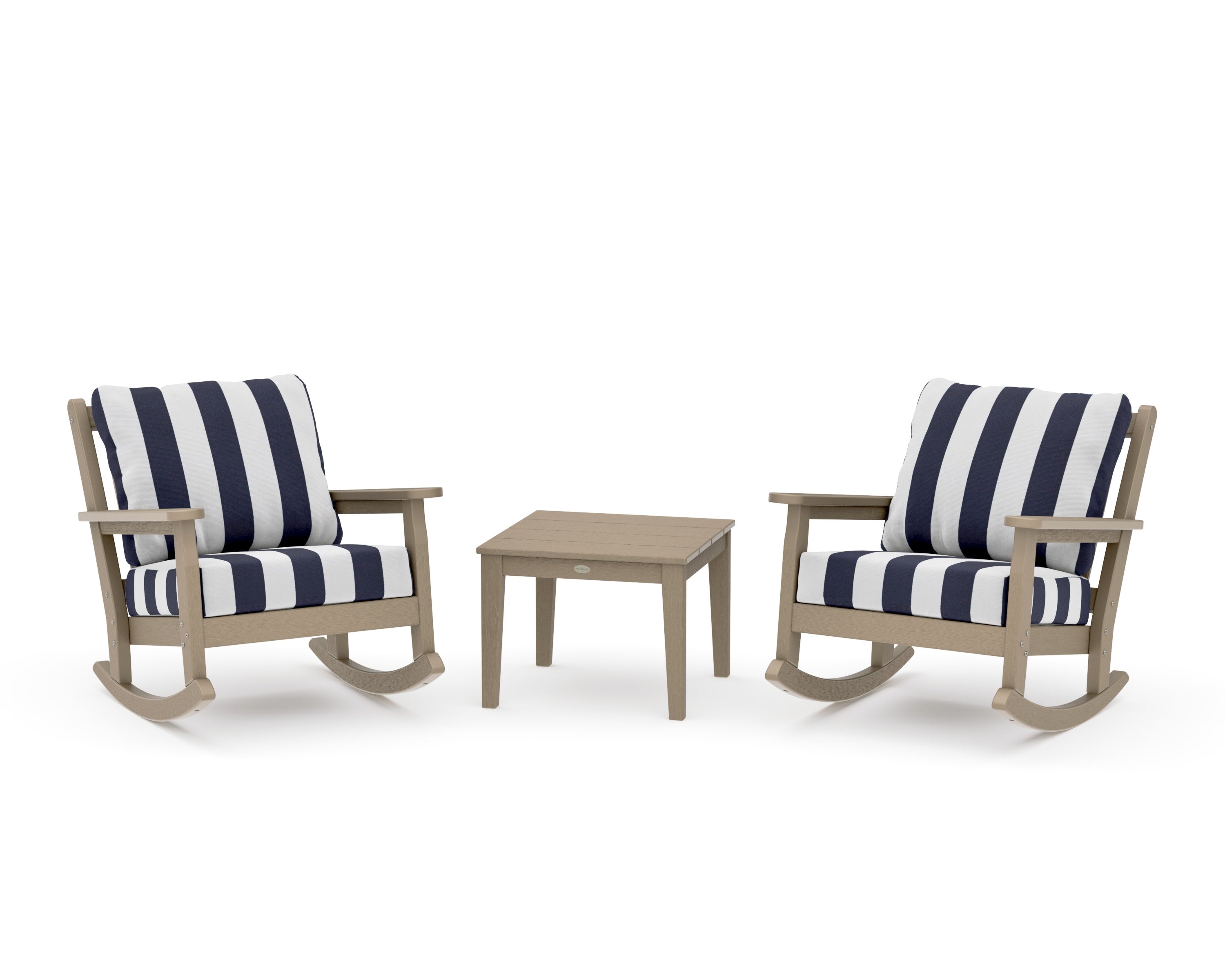 Chippendale 3-Piece Deep Seating Rocker Set in Vintage Sahara / Cabana Stripe Navy