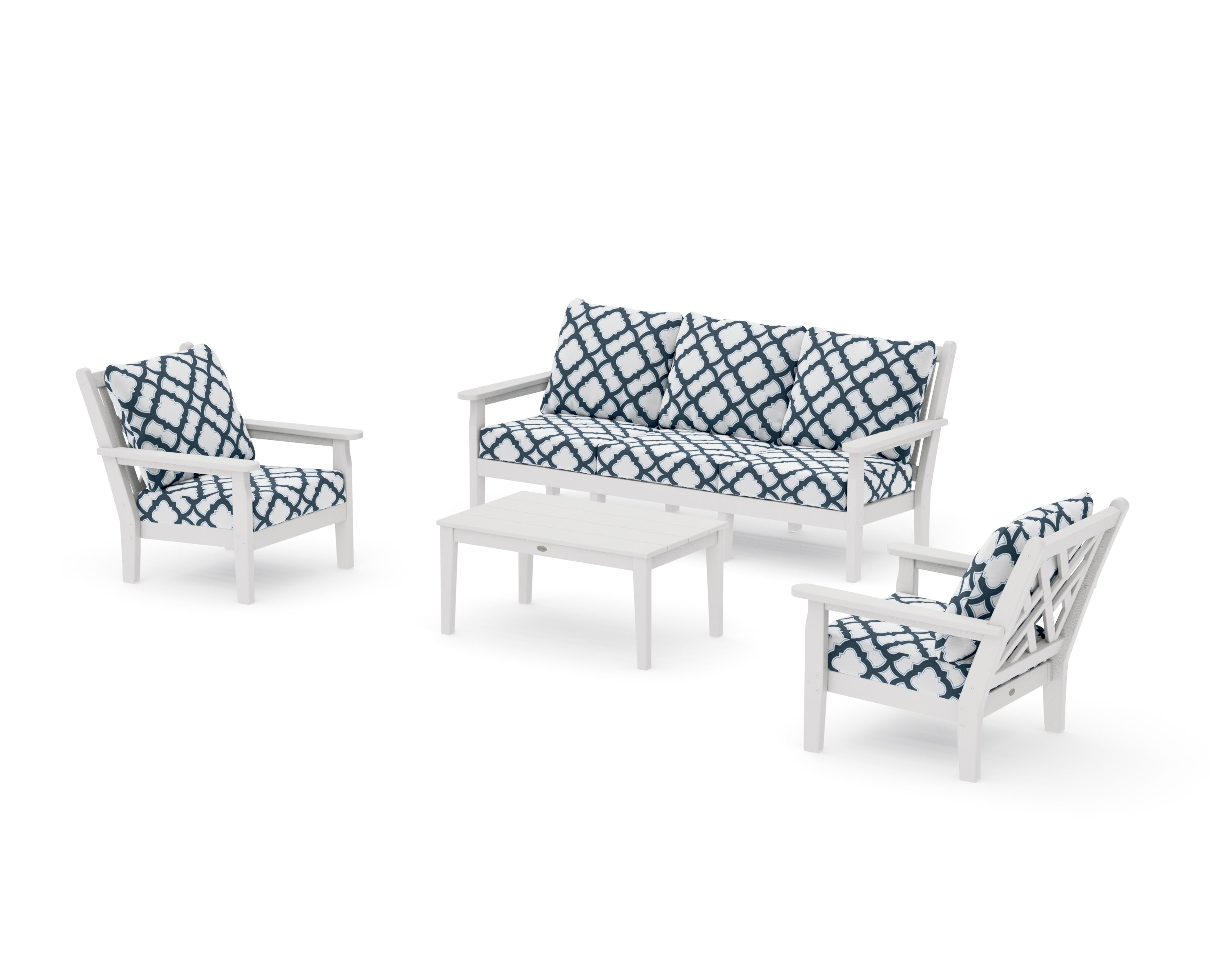 Chippendale 4-Piece Deep Seating Set with Sofa in Vintage White / Trellis Marine Indigo