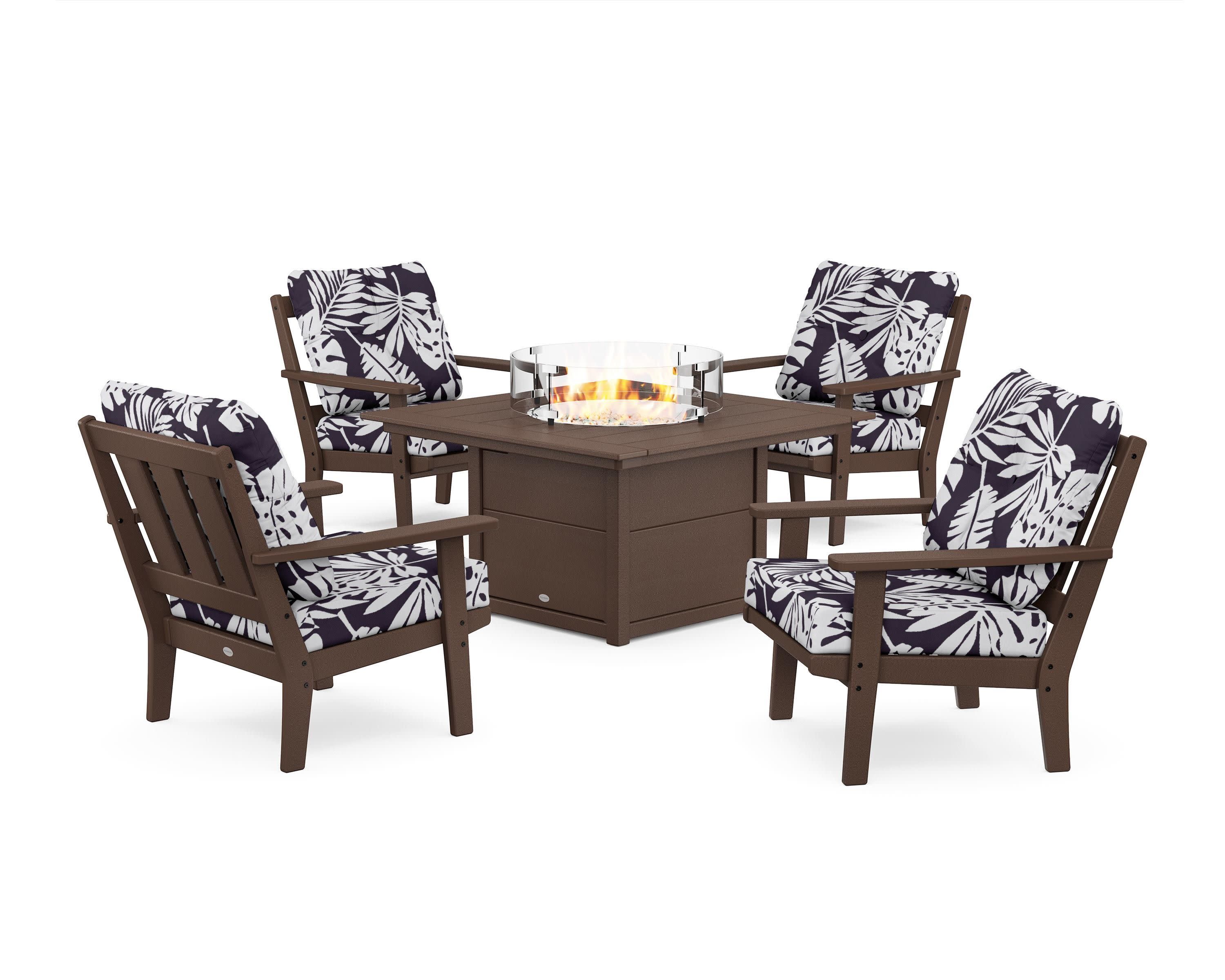 Oxford 5-Piece Deep Seating Set with Fire Pit Table in Mahogany / Leaf Navy