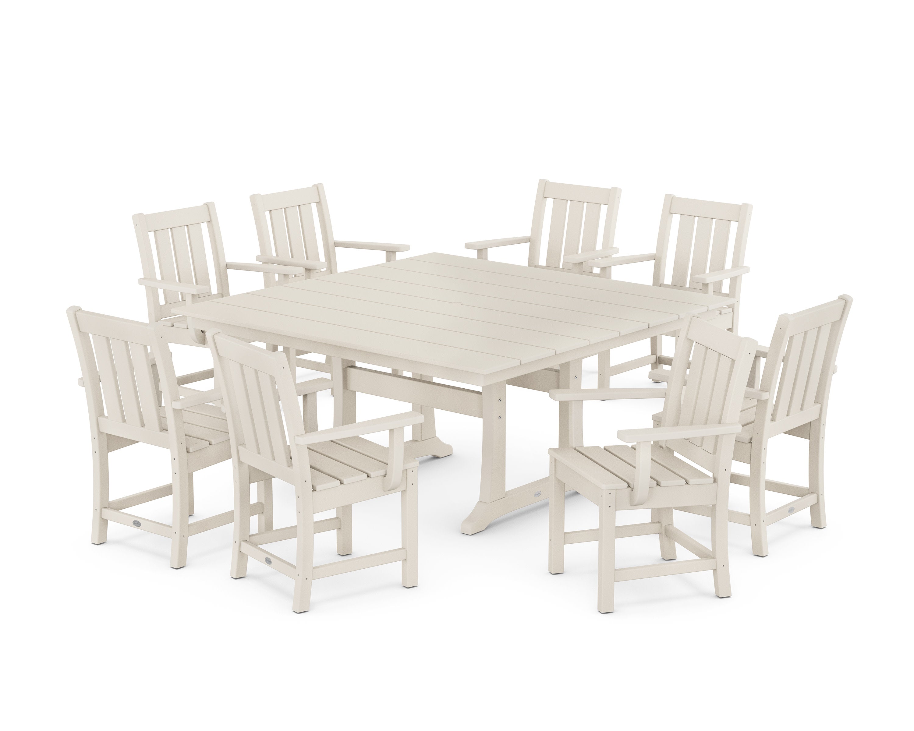Oxford 9-Piece Square Farmhouse Dining Set with Trestle Legs in Sand