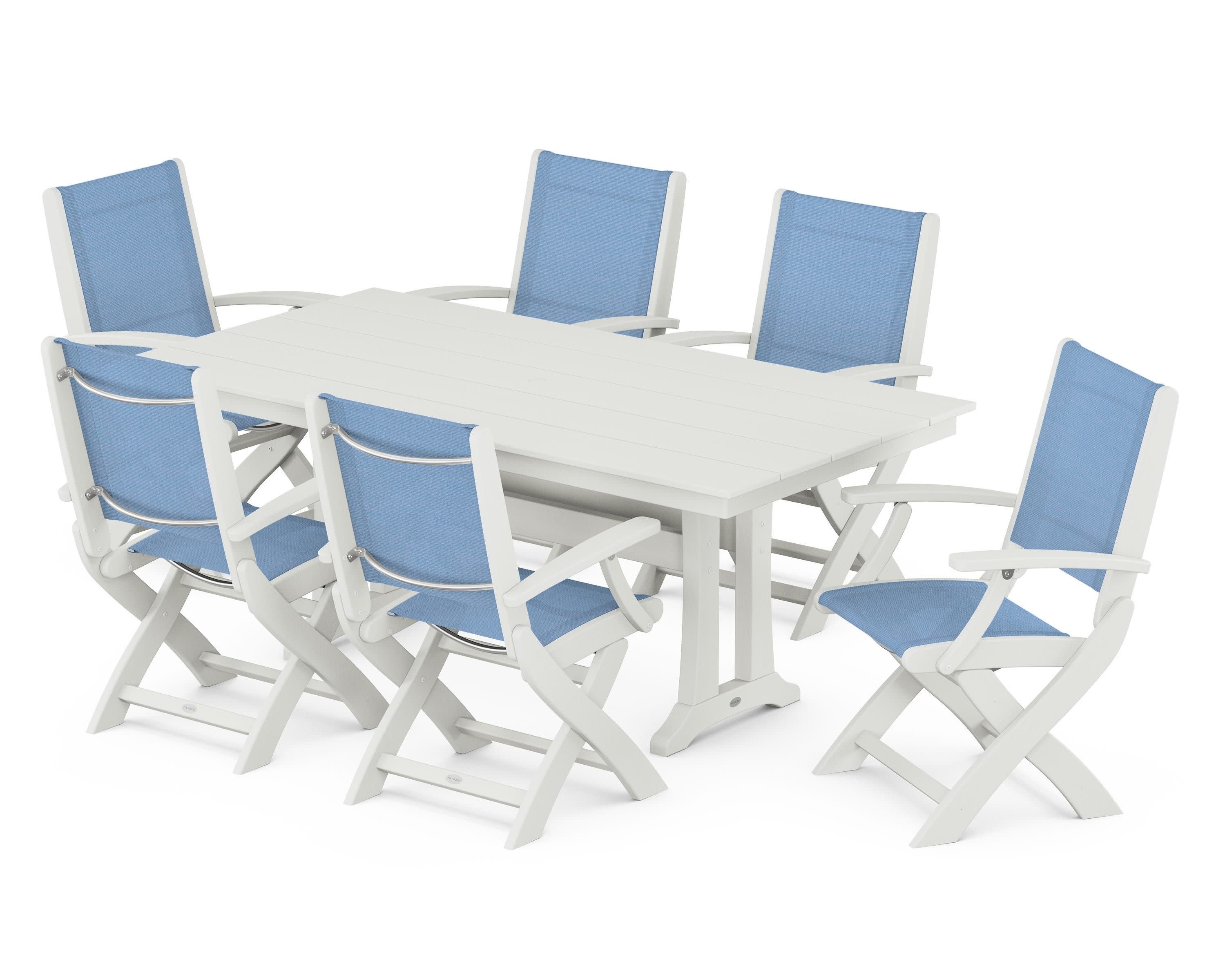 Coastal Folding Arm Chair 7-Piece Farmhouse Dining Set with Trestle Legs in Vintage White / Poolside Sling