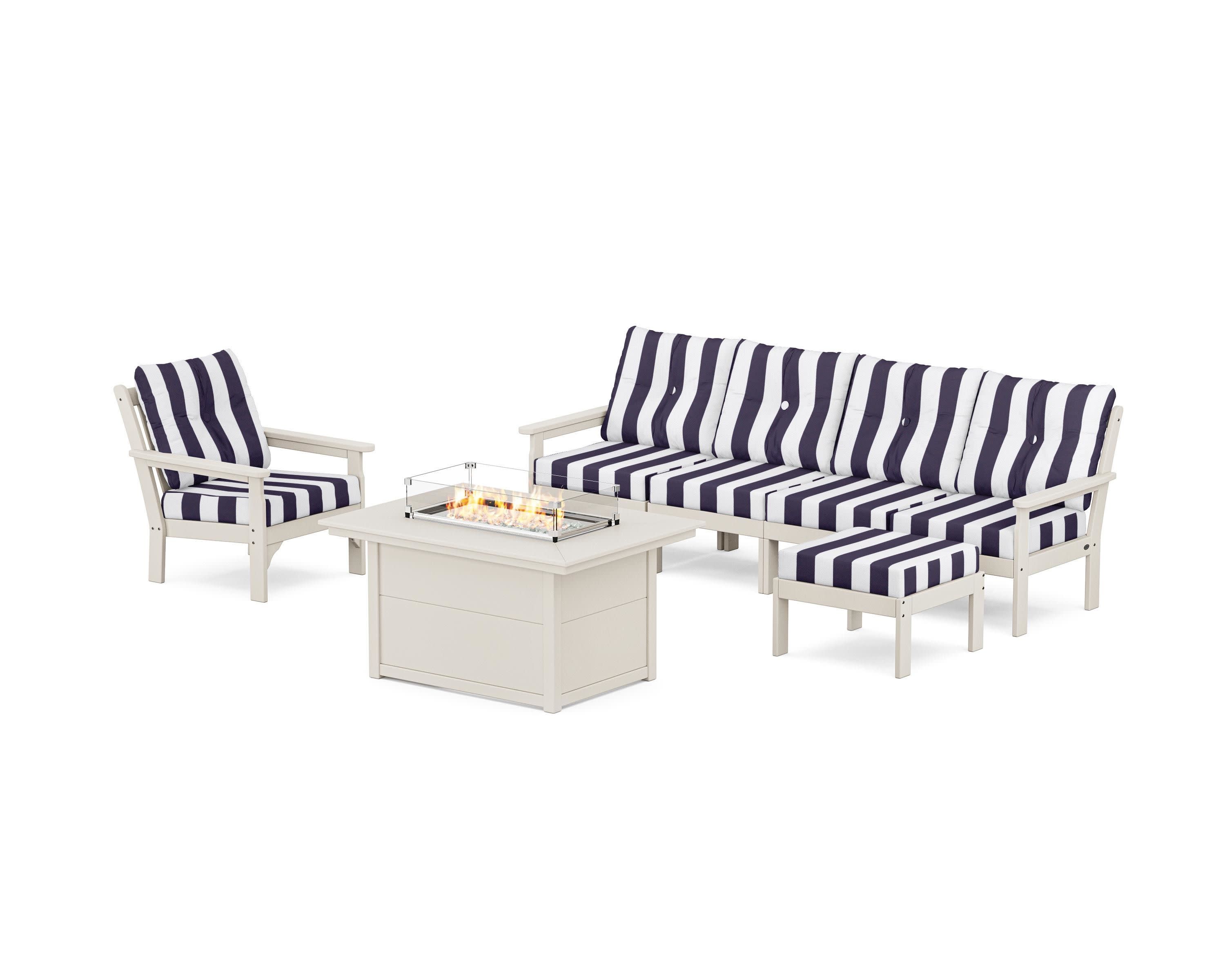 Vineyard Sectional Lounge and Fire Pit Set in Sand / Cabana Stripe Navy