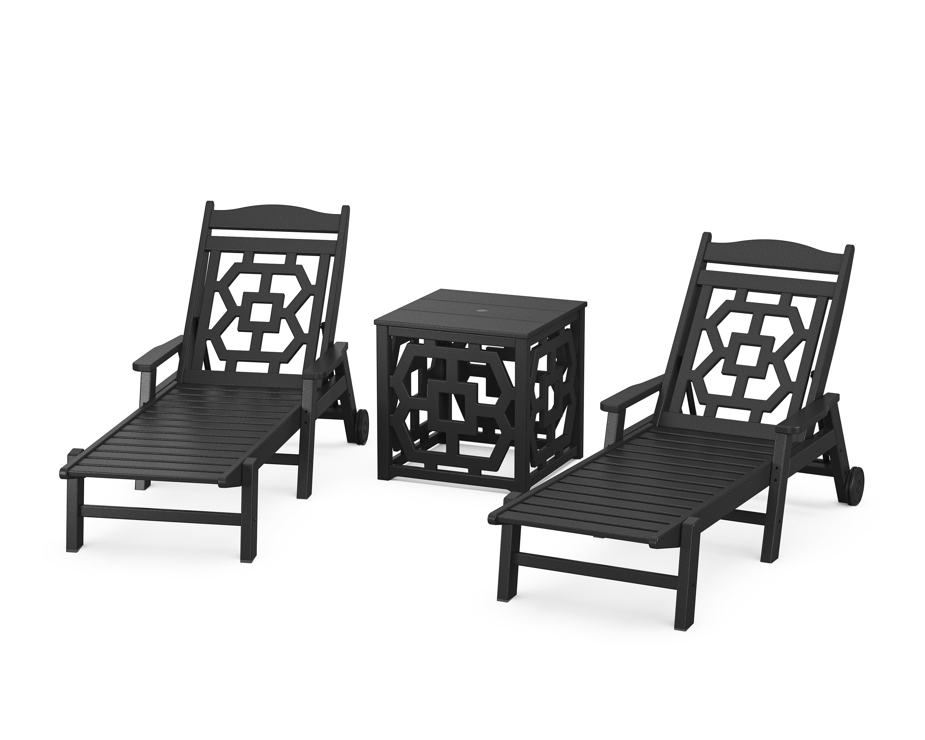 Chinoiserie 3-Piece Chaise Set with Umbrella Stand Accent Table in Black