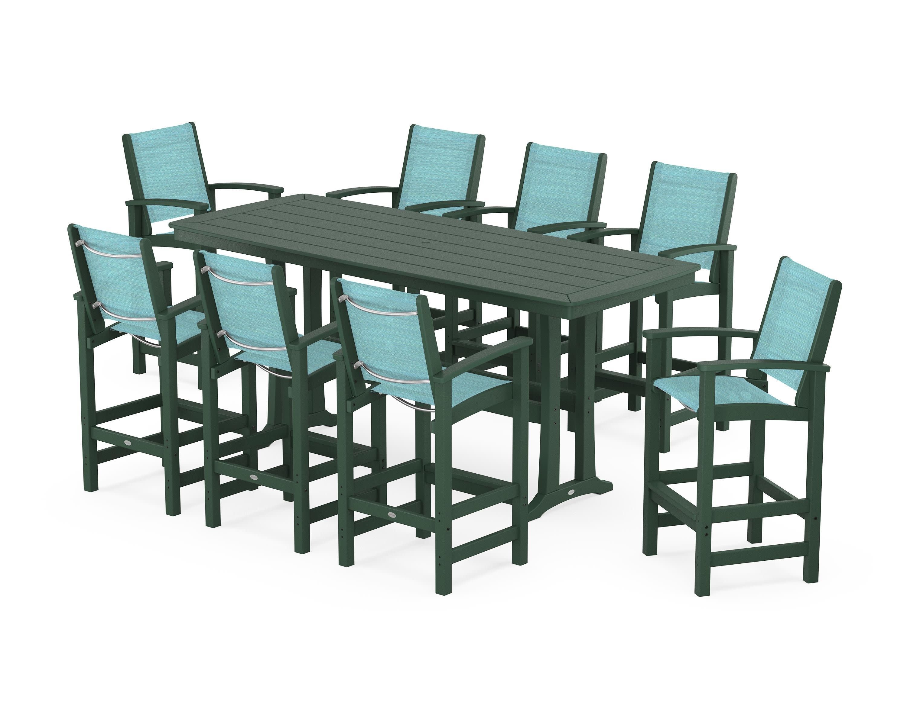 Coastal 9-Piece Bar Set with Trestle Legs in Green / Dupioni Aquamarine Sling