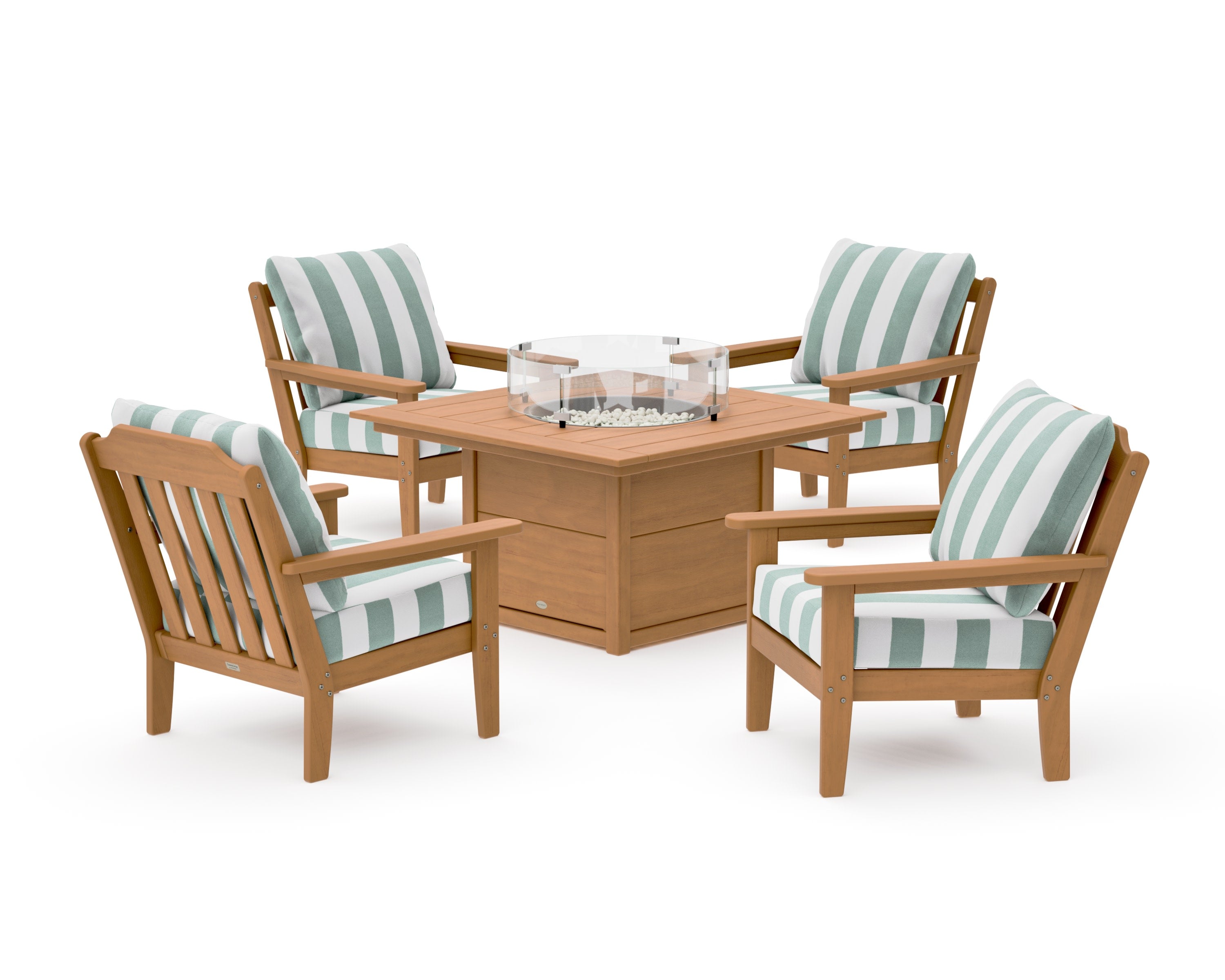 Cottage 5-Piece Deep Seating Set with Fire Pit Table in Natural / Cabana Stripe Glacier Spa