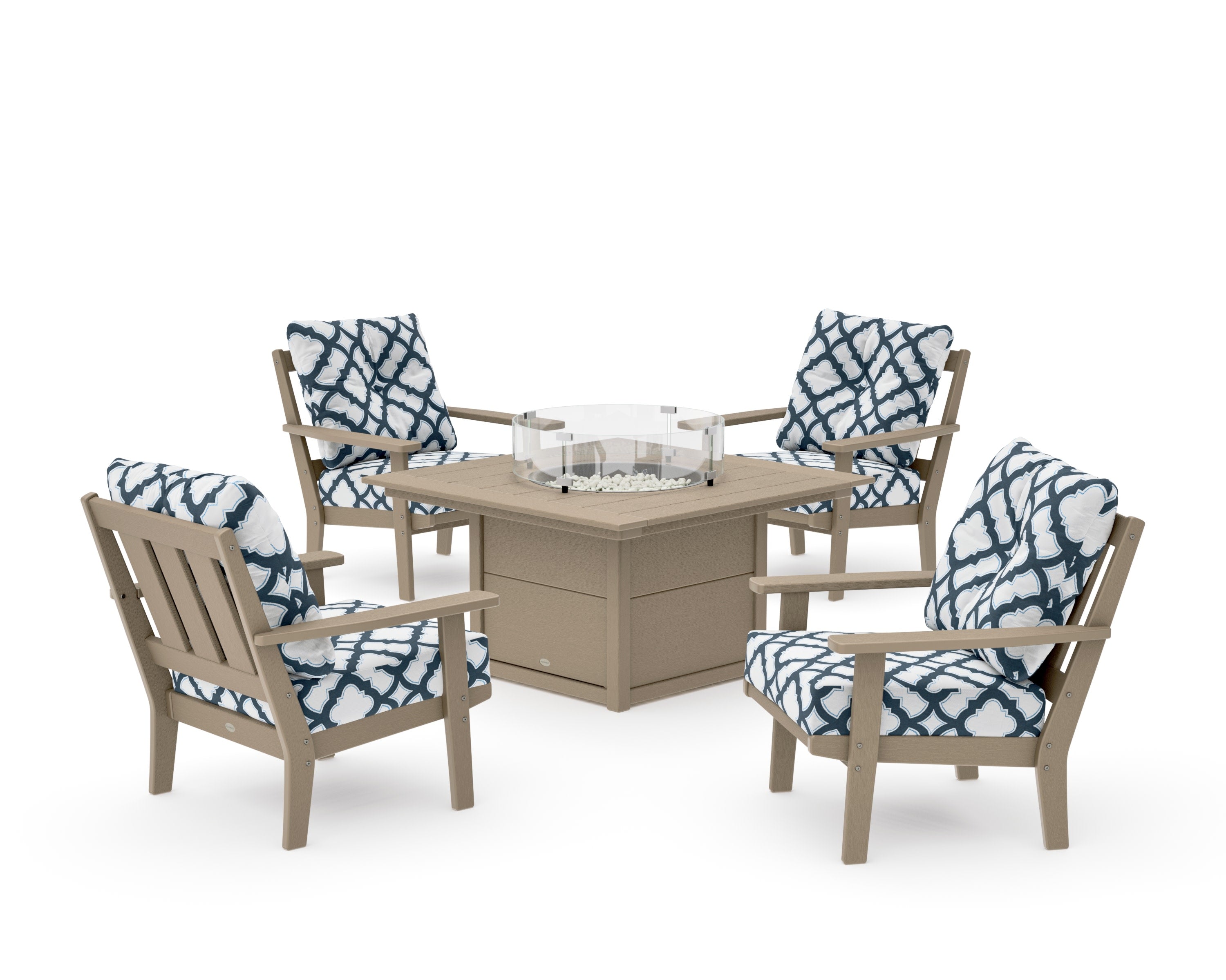 Oxford 5-Piece Deep Seating Set with Fire Pit Table in Vintage Sahara / Trellis Marine Indigo