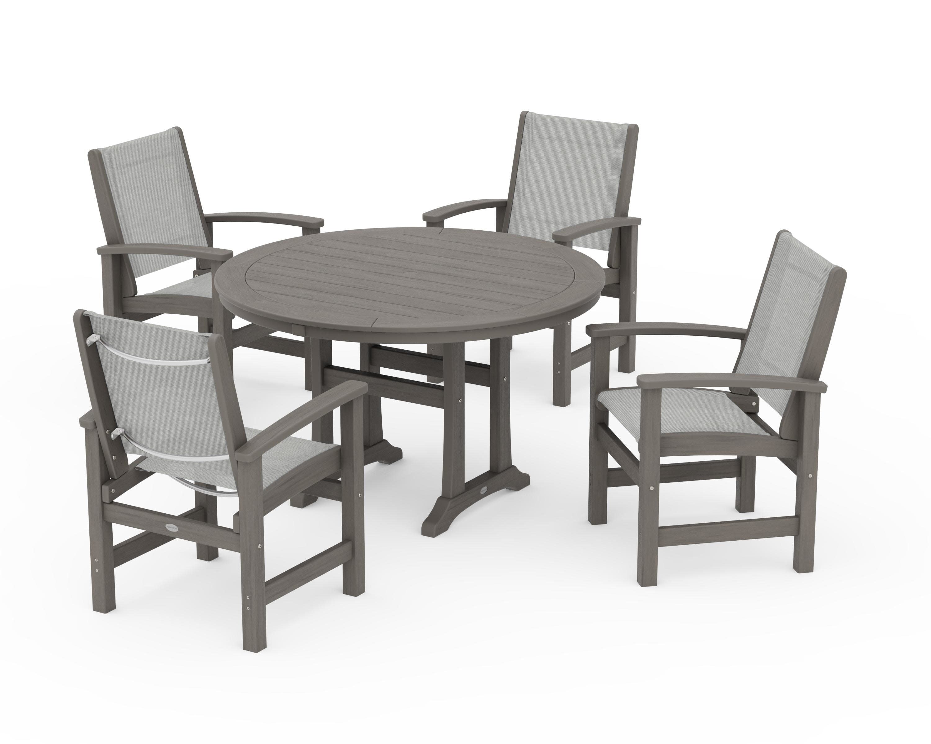 Coastal 5-Piece Round Dining Set with Trestle Legs in Driftwood / Metallic Sling