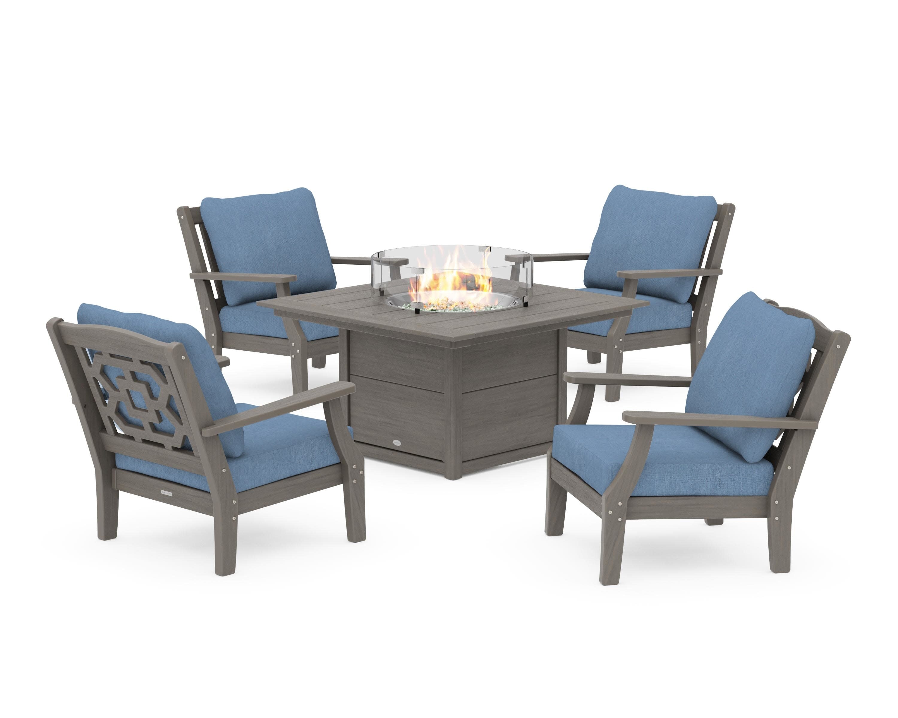 Chinoiserie 5-Piece Deep Seating Set with Fire Pit Table in Driftwood / Sky Blue