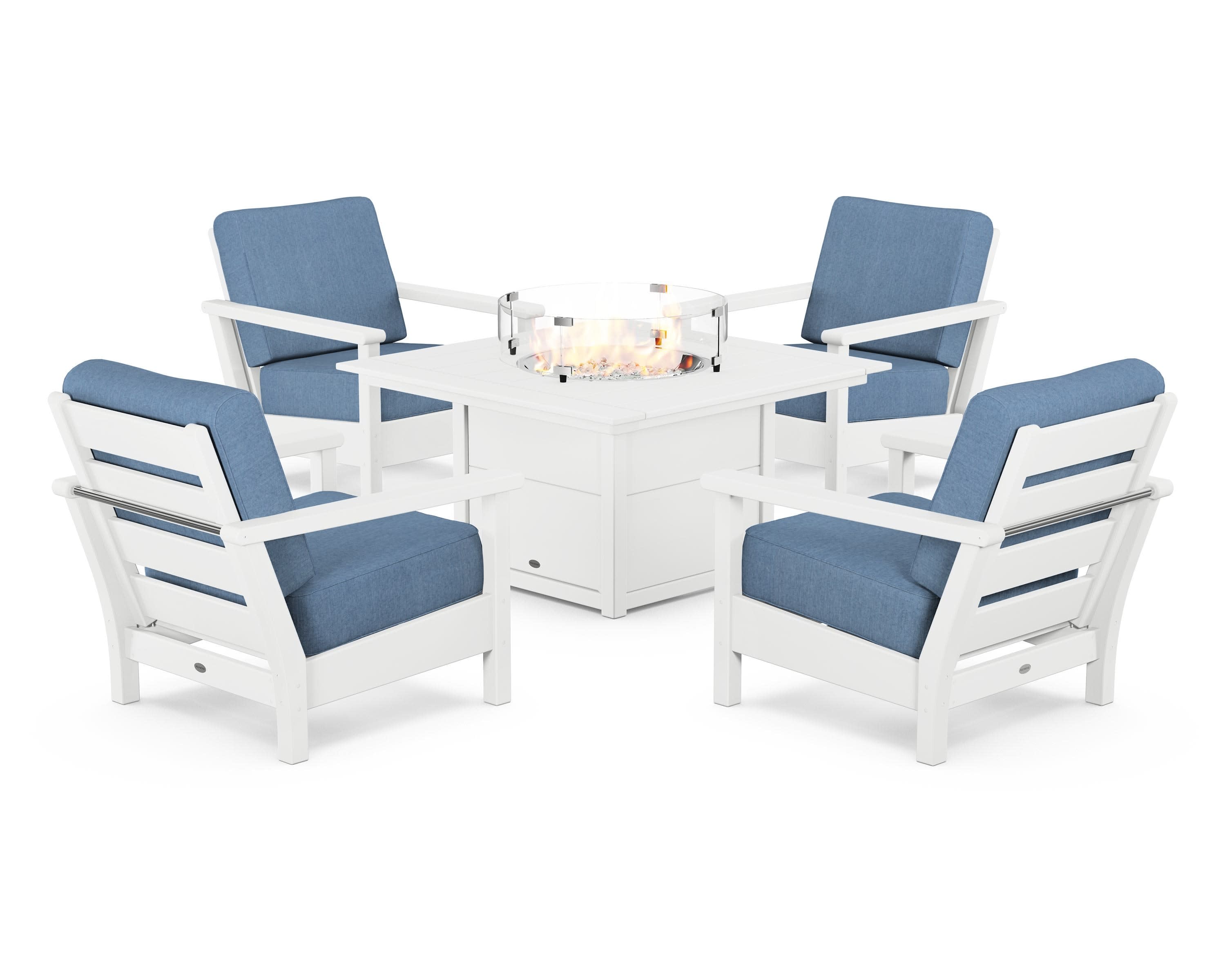 Harbour 5-Piece Conversation Set with Fire Pit Table in White / Sky Blue