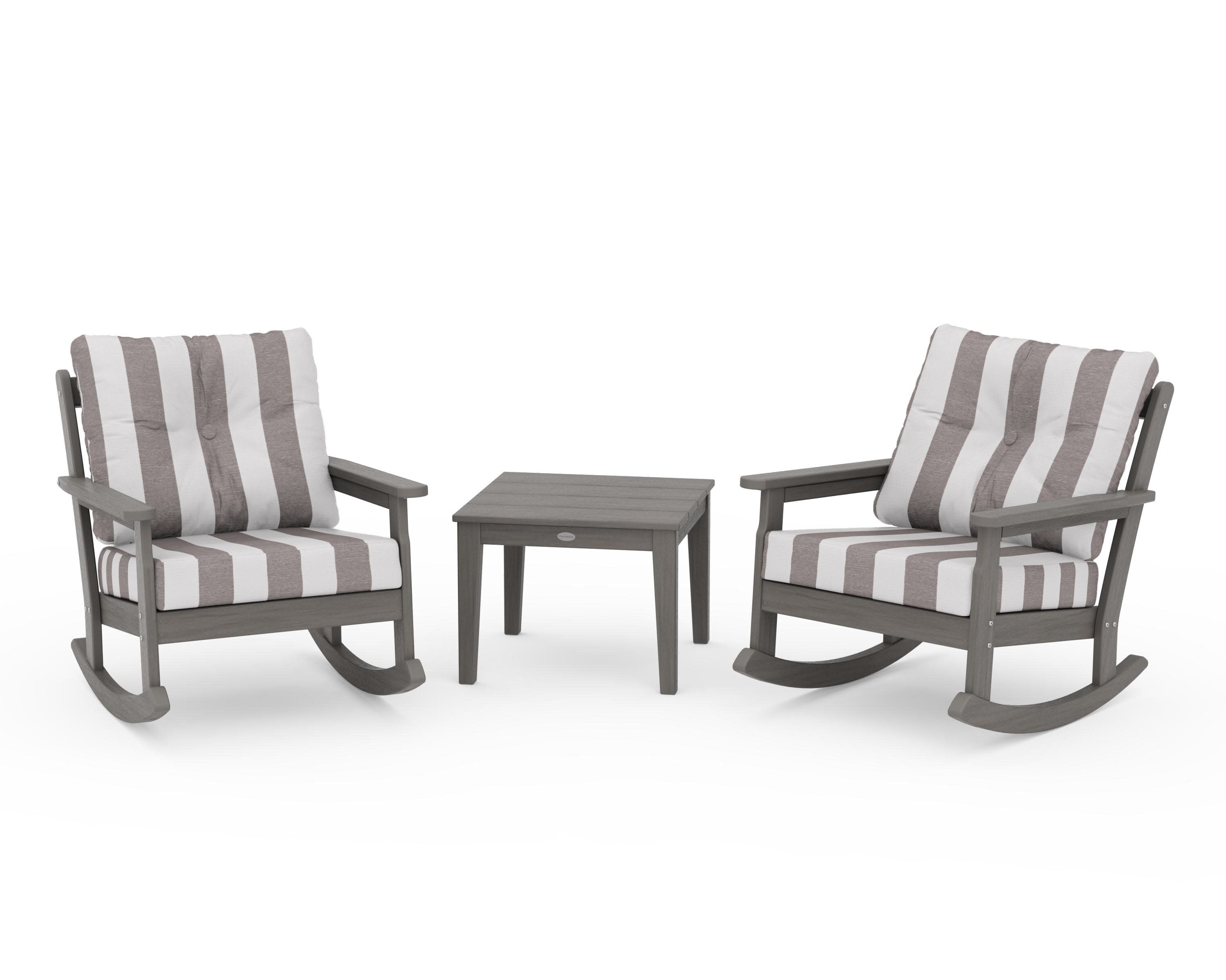 Vineyard 3-Piece Deep Seating Rocker Set in Driftwood / Cabana Stripe Grey Mist