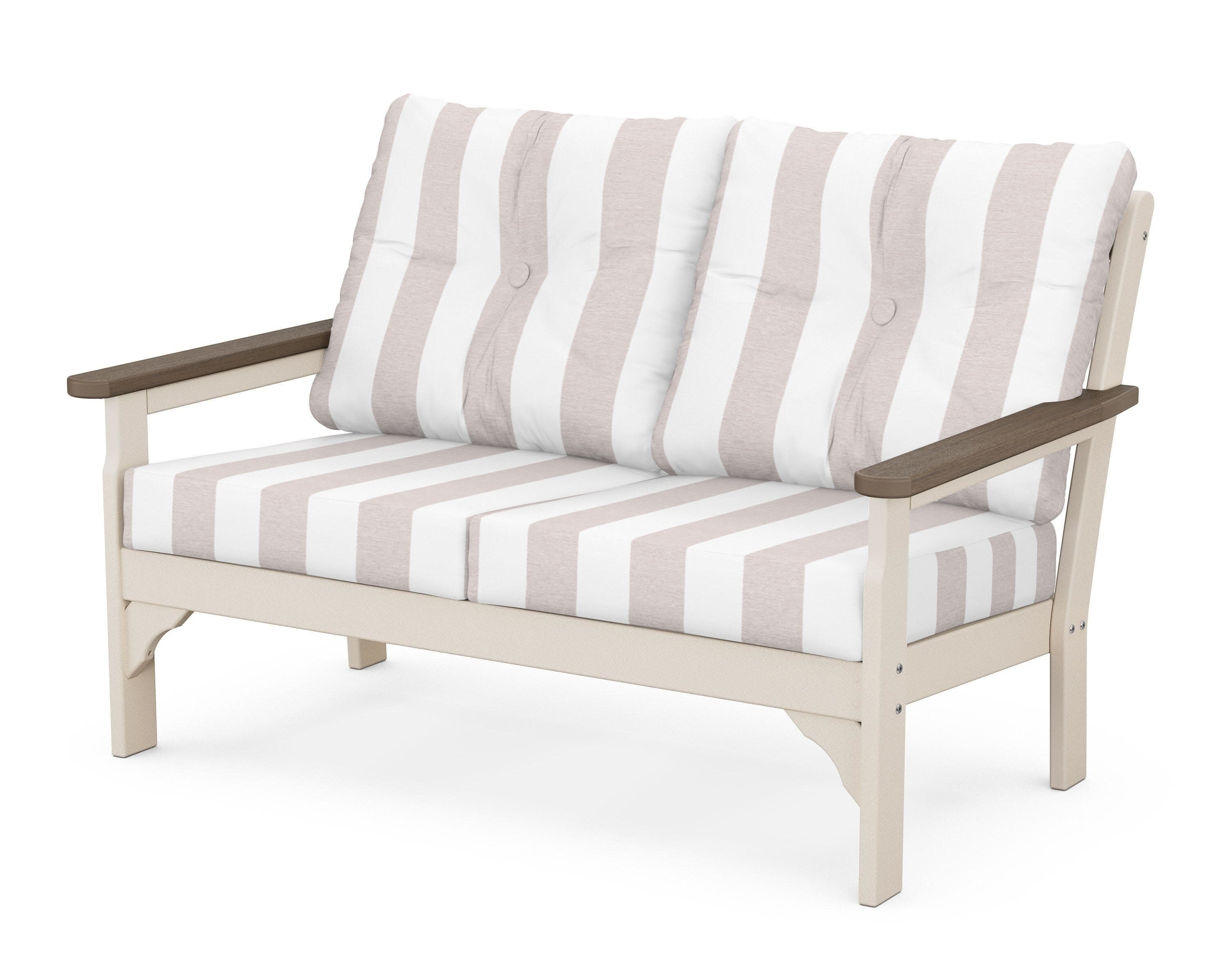 Vineyard Deep Seating Loveseat in Sand / Kona / Cabana Stripe Dune Burlap