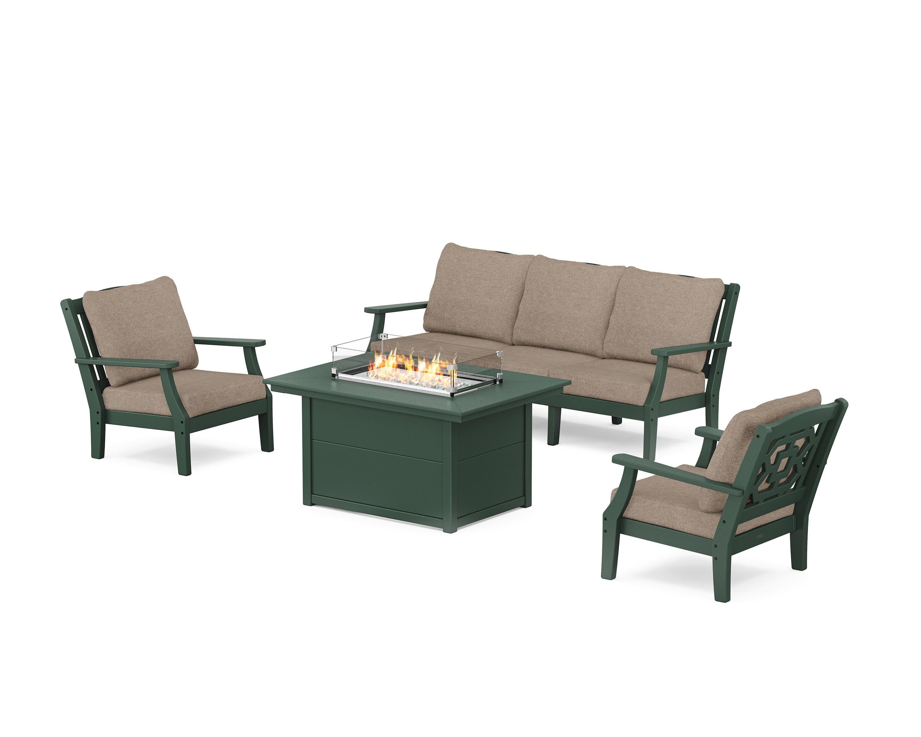 Chinoiserie Deep Seating Fire Pit Table Set in Green / Spiced Burlap