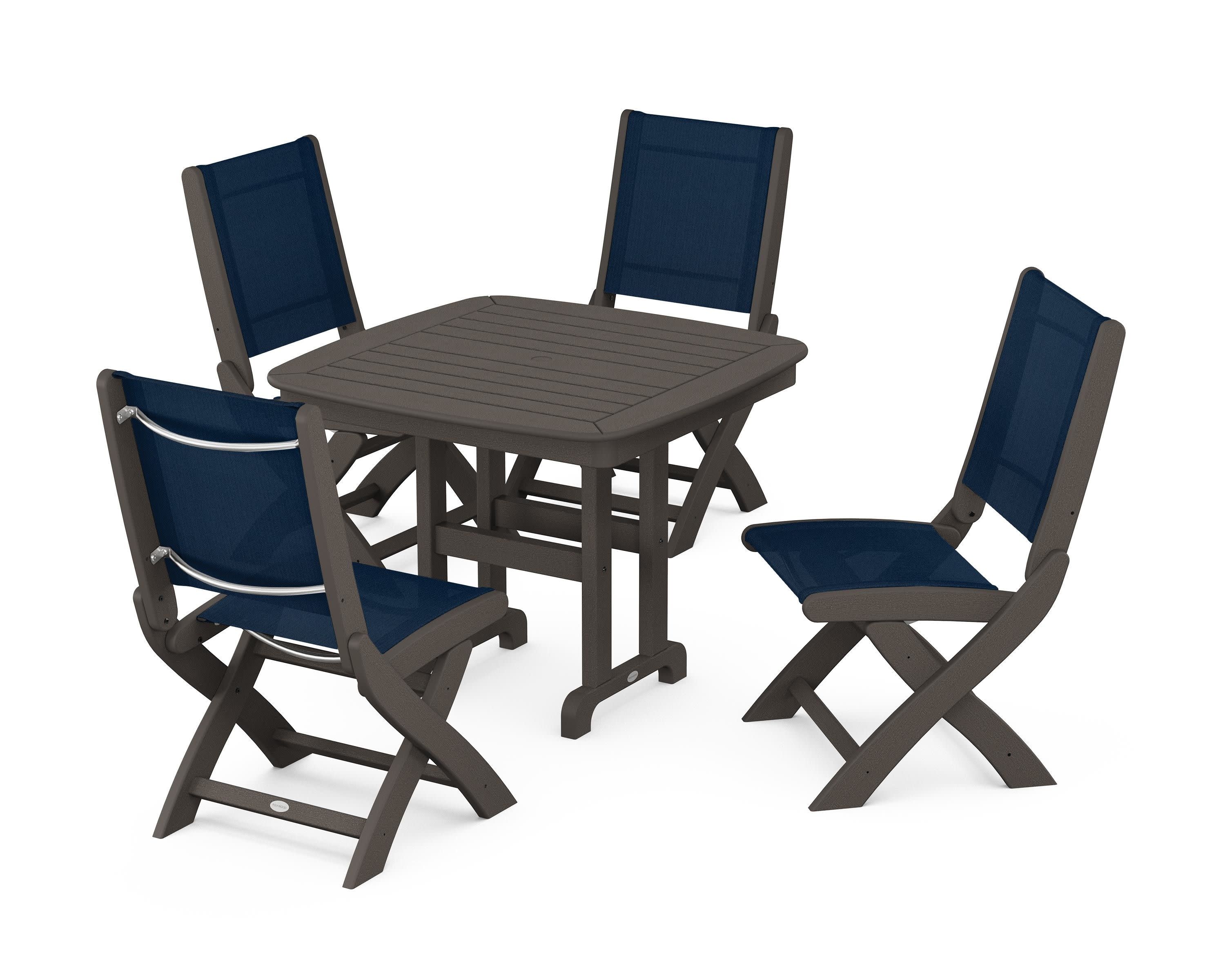 Coastal Folding Side Chair 5-Piece Dining Set in Vintage Coffee / Navy Blue Sling